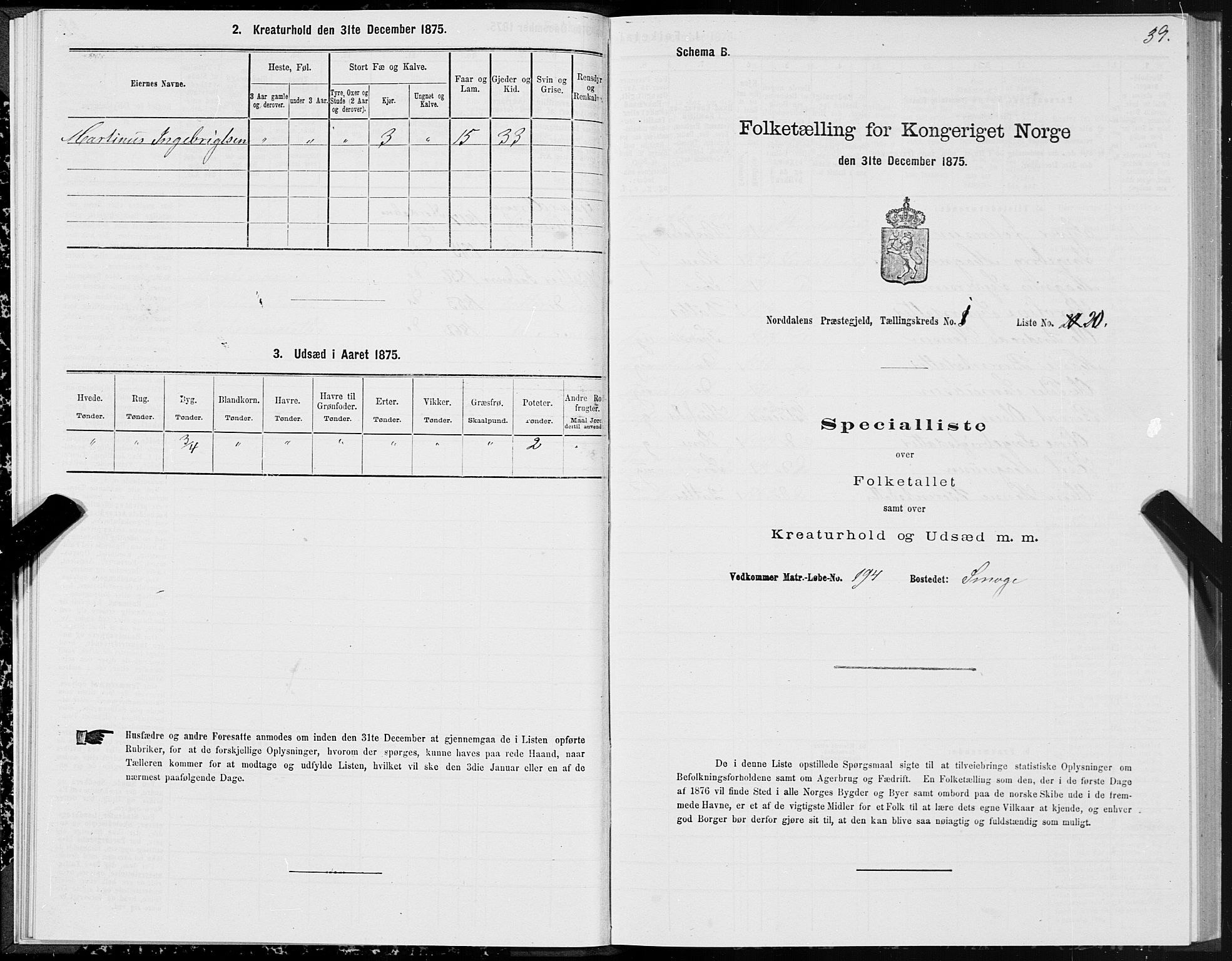 SAT, 1875 census for 1524P Norddal, 1875, p. 1039