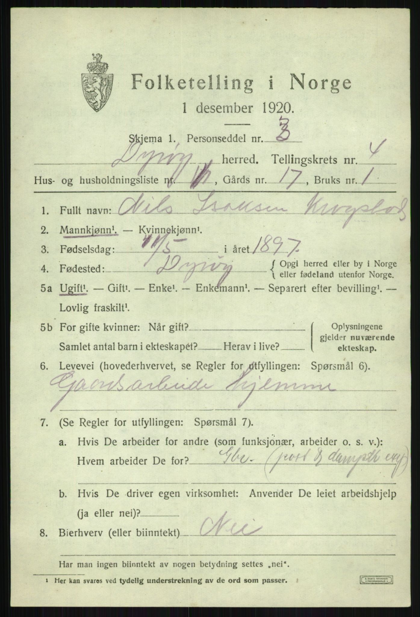 SATØ, 1920 census for Dyrøy, 1920, p. 2189