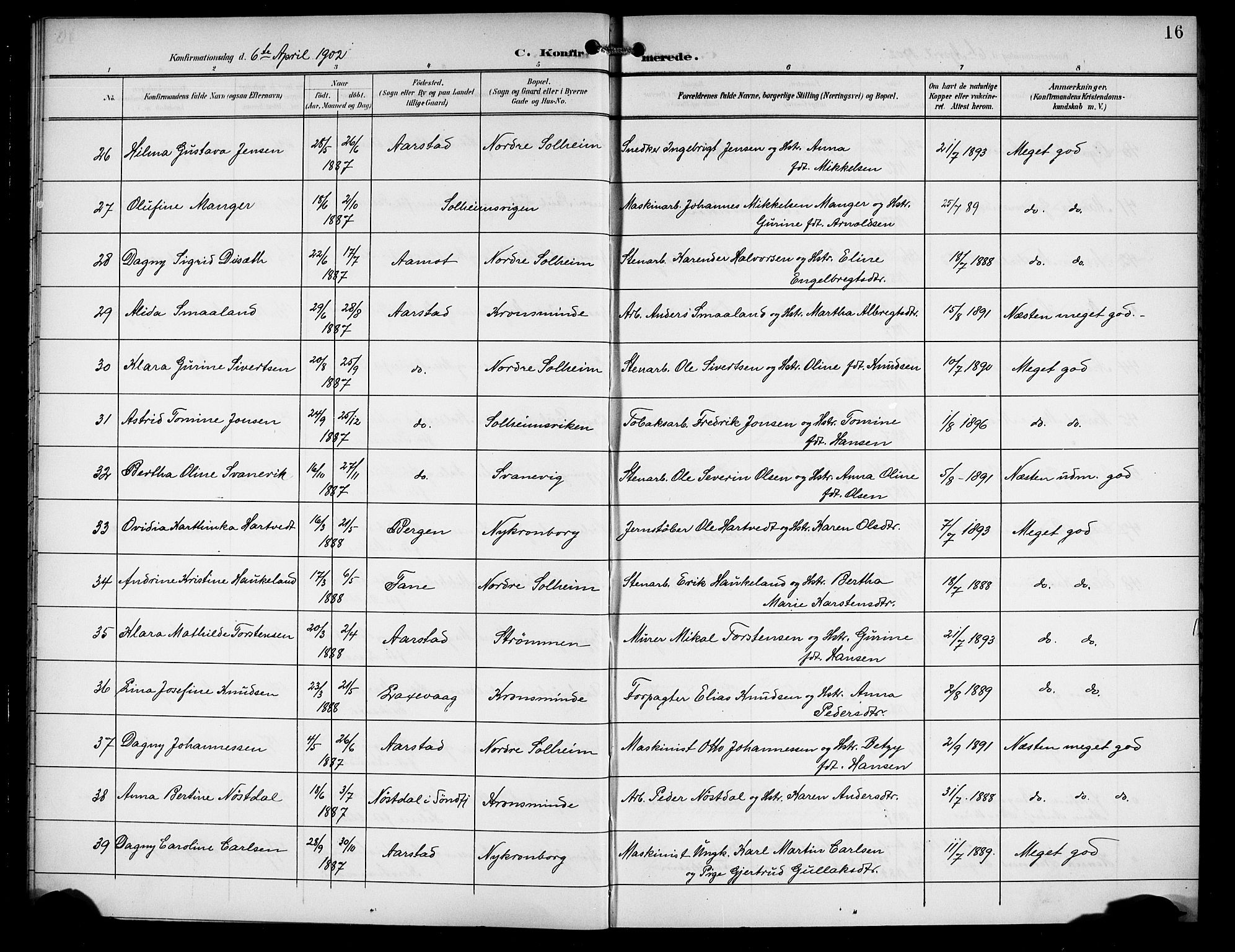 Årstad Sokneprestembete, AV/SAB-A-79301/H/Hab/L0012: Parish register (copy) no. B 2, 1901-1914, p. 16