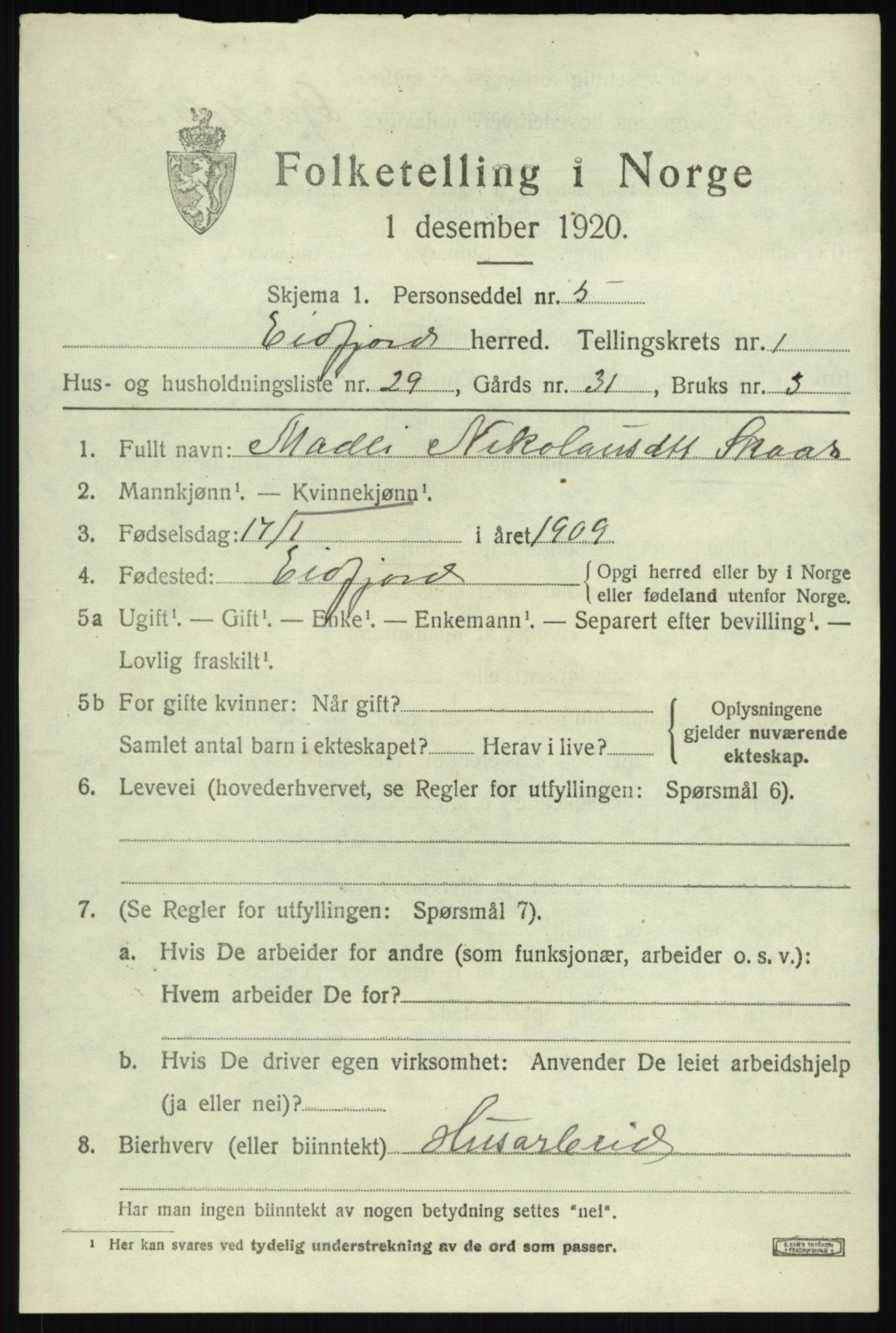 SAB, 1920 census for Eidfjord, 1920, p. 738