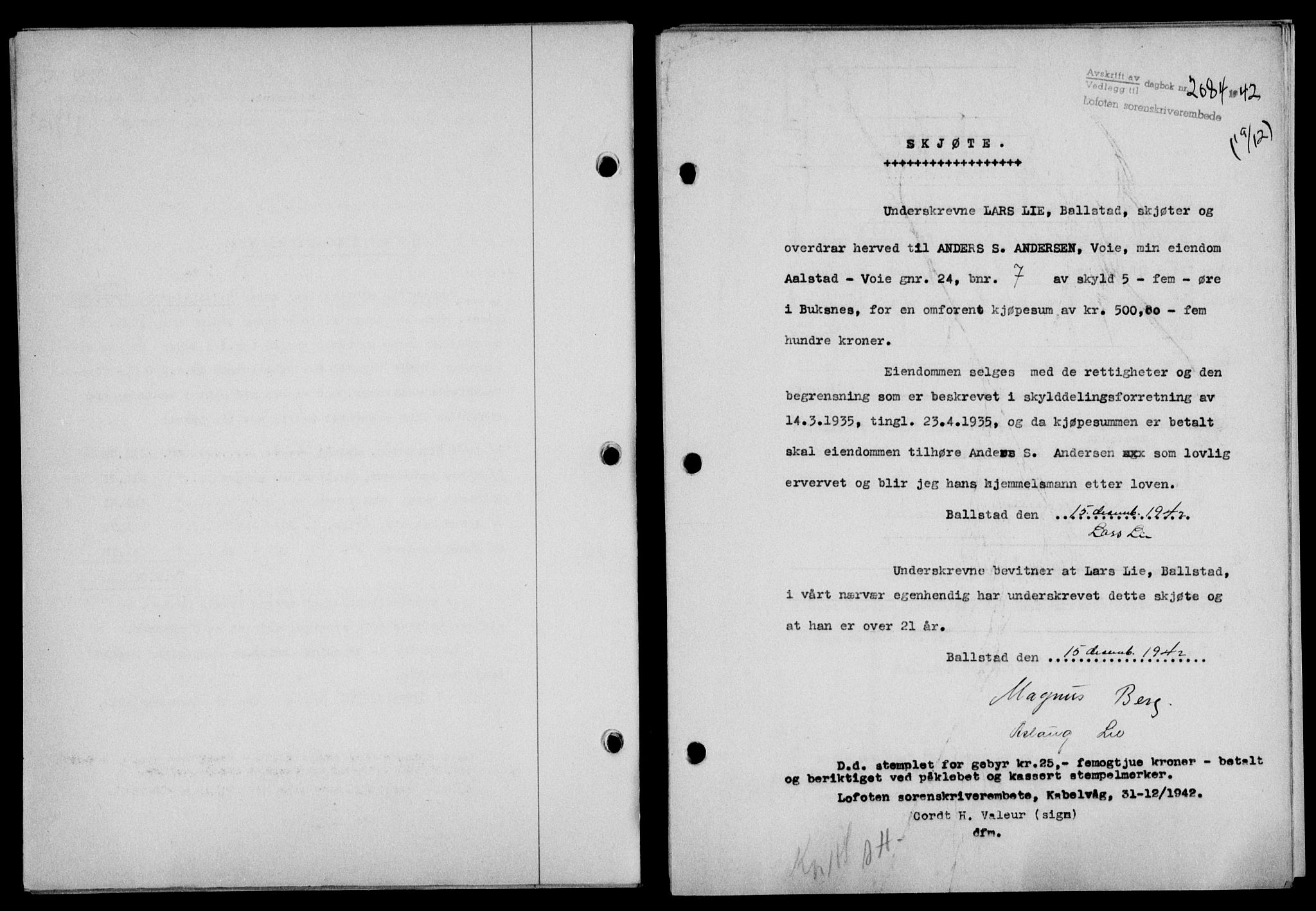 Lofoten sorenskriveri, SAT/A-0017/1/2/2C/L0010a: Mortgage book no. 10a, 1942-1943, Diary no: : 2084/1942