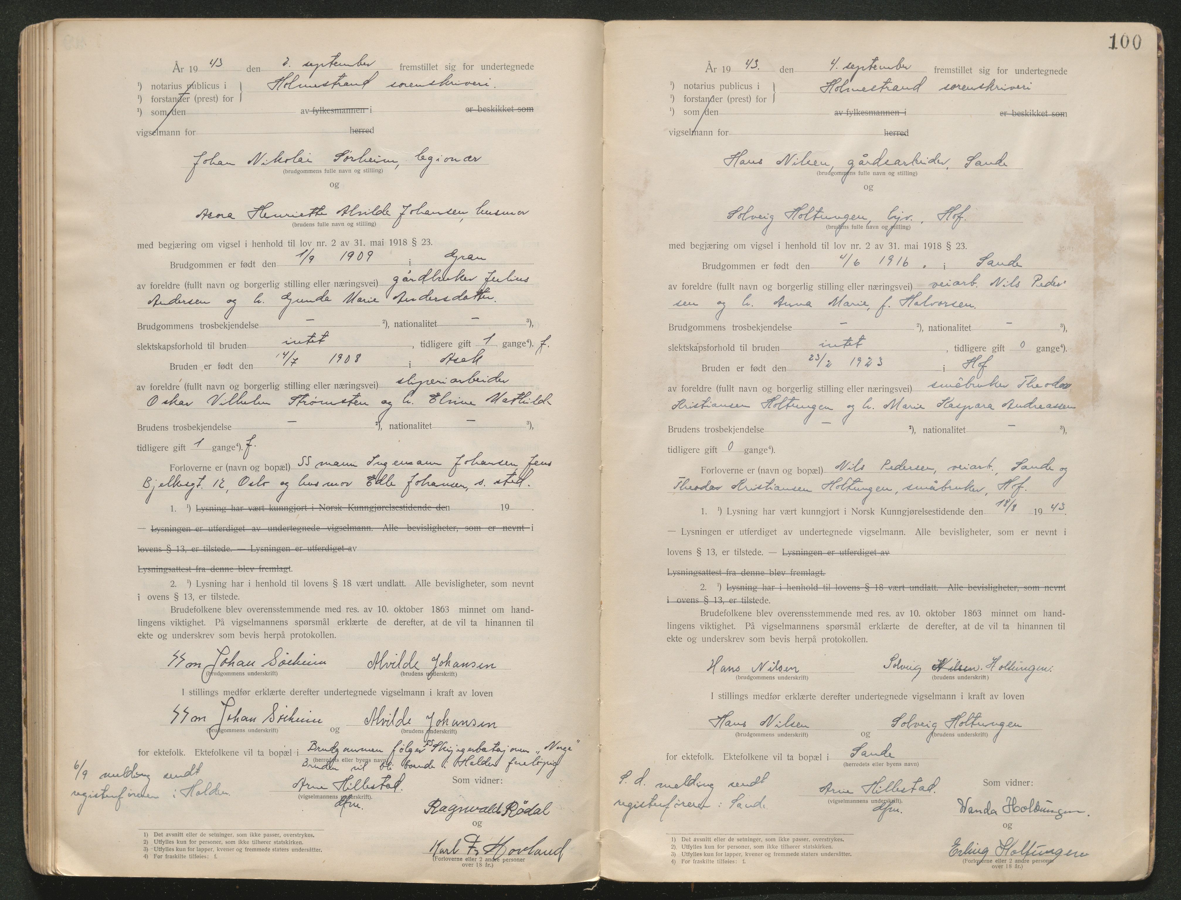 Holmestrand sorenskriveri, SAKO/A-67/L/Lb/L0001: Vigselsbok, 1920-1943, p. 100