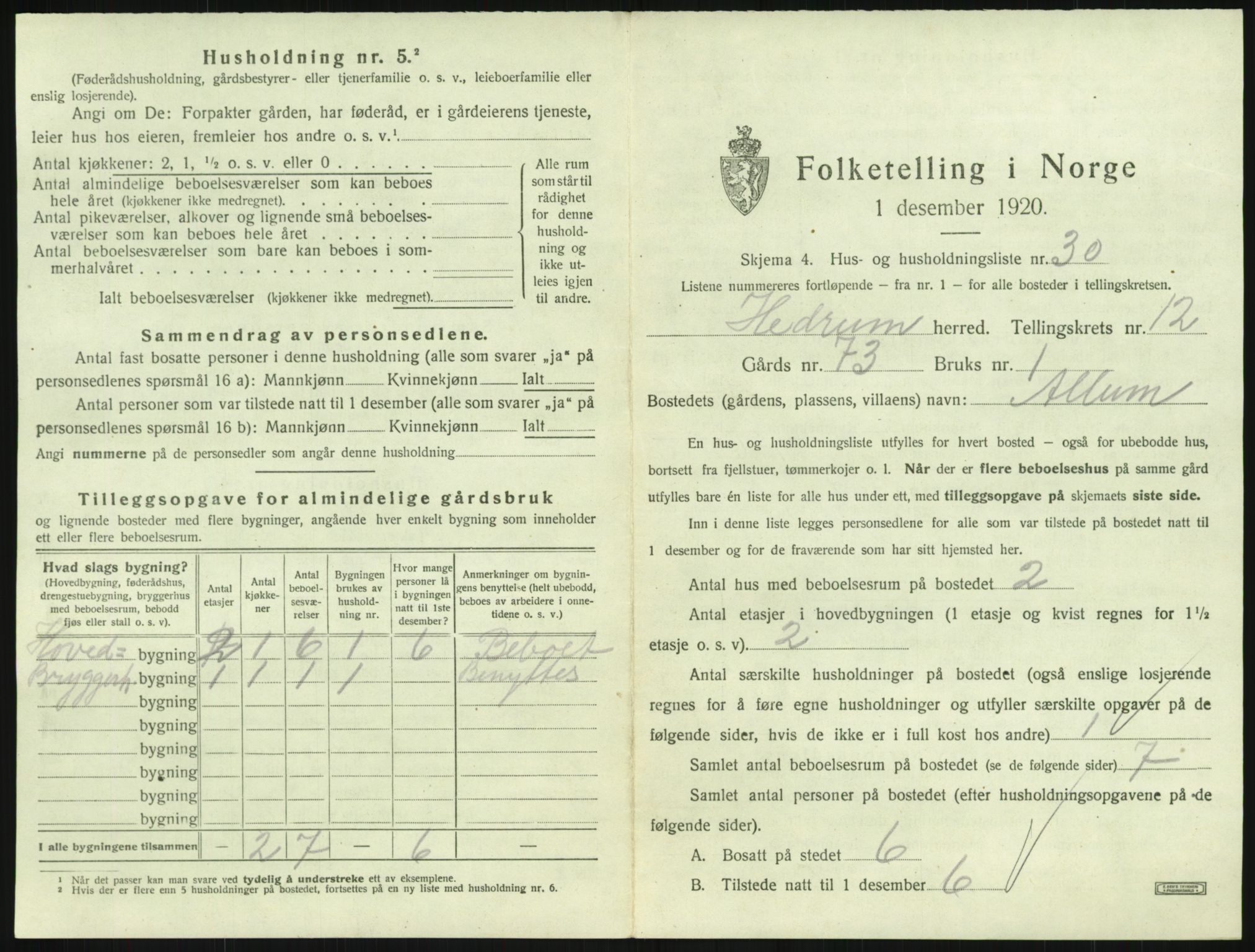 SAKO, 1920 census for Hedrum, 1920, p. 1137