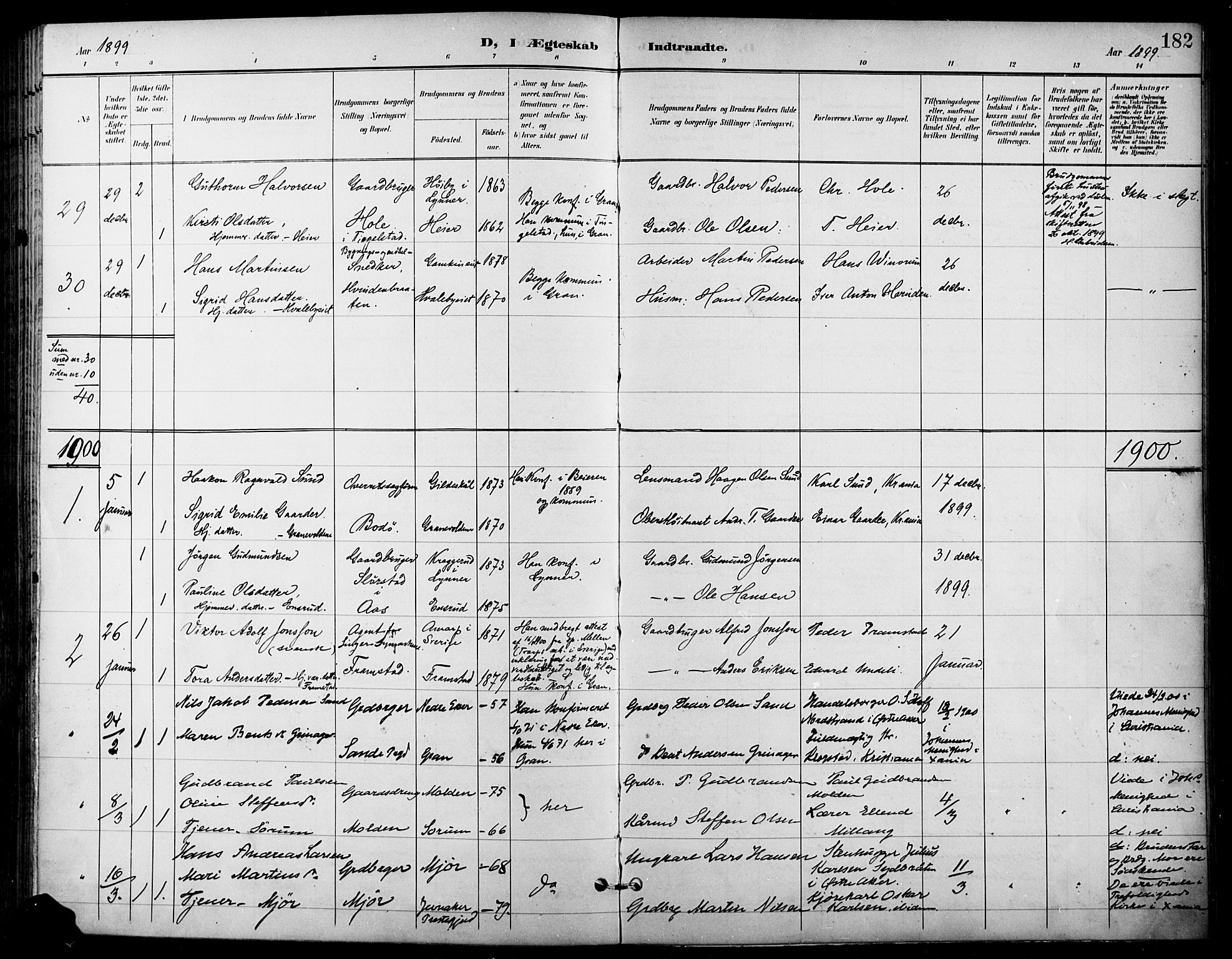 Gran prestekontor, SAH/PREST-112/H/Ha/Haa/L0019: Parish register (official) no. 19, 1898-1907, p. 182