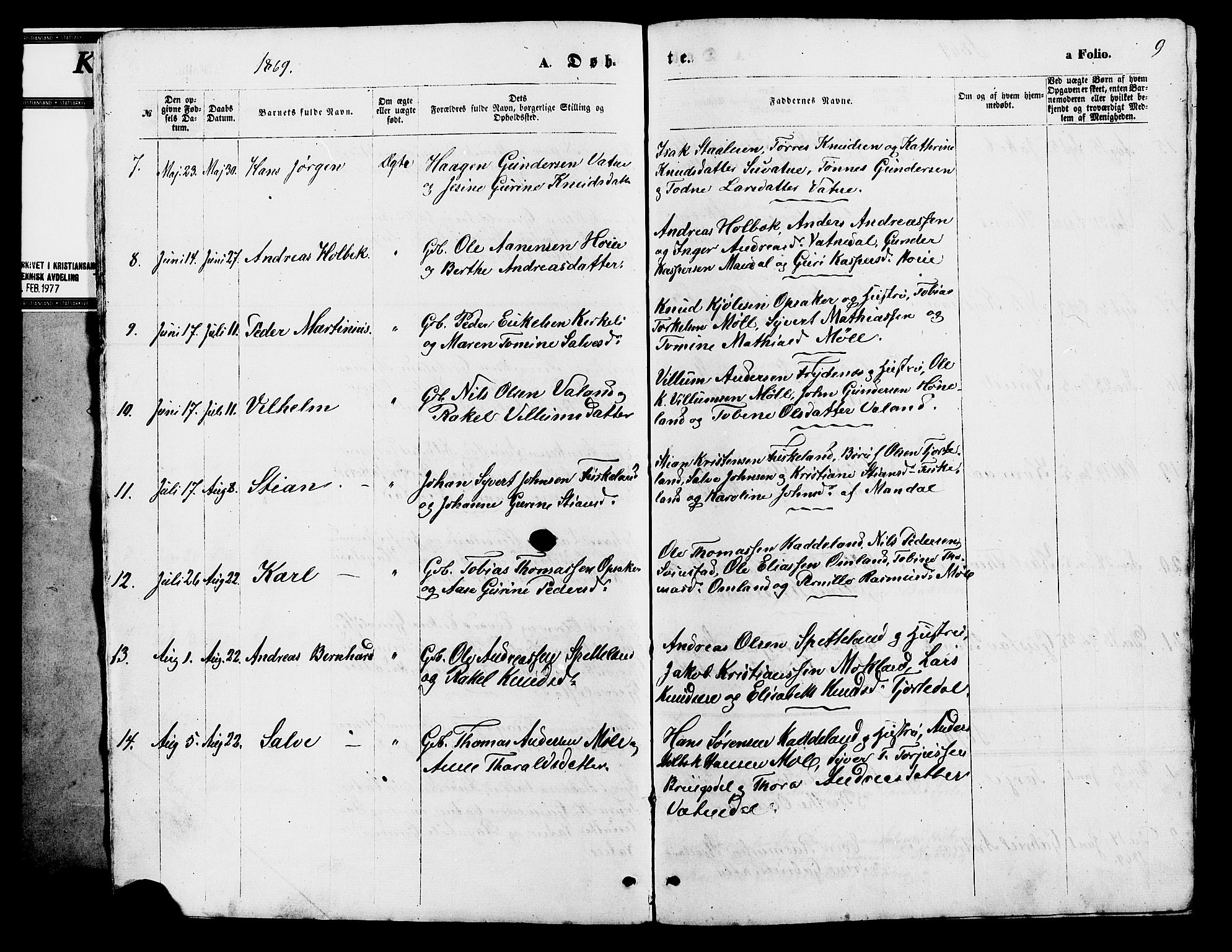 Holum sokneprestkontor, SAK/1111-0022/F/Fb/Fba/L0004: Parish register (copy) no. B 4, 1867-1890, p. 9