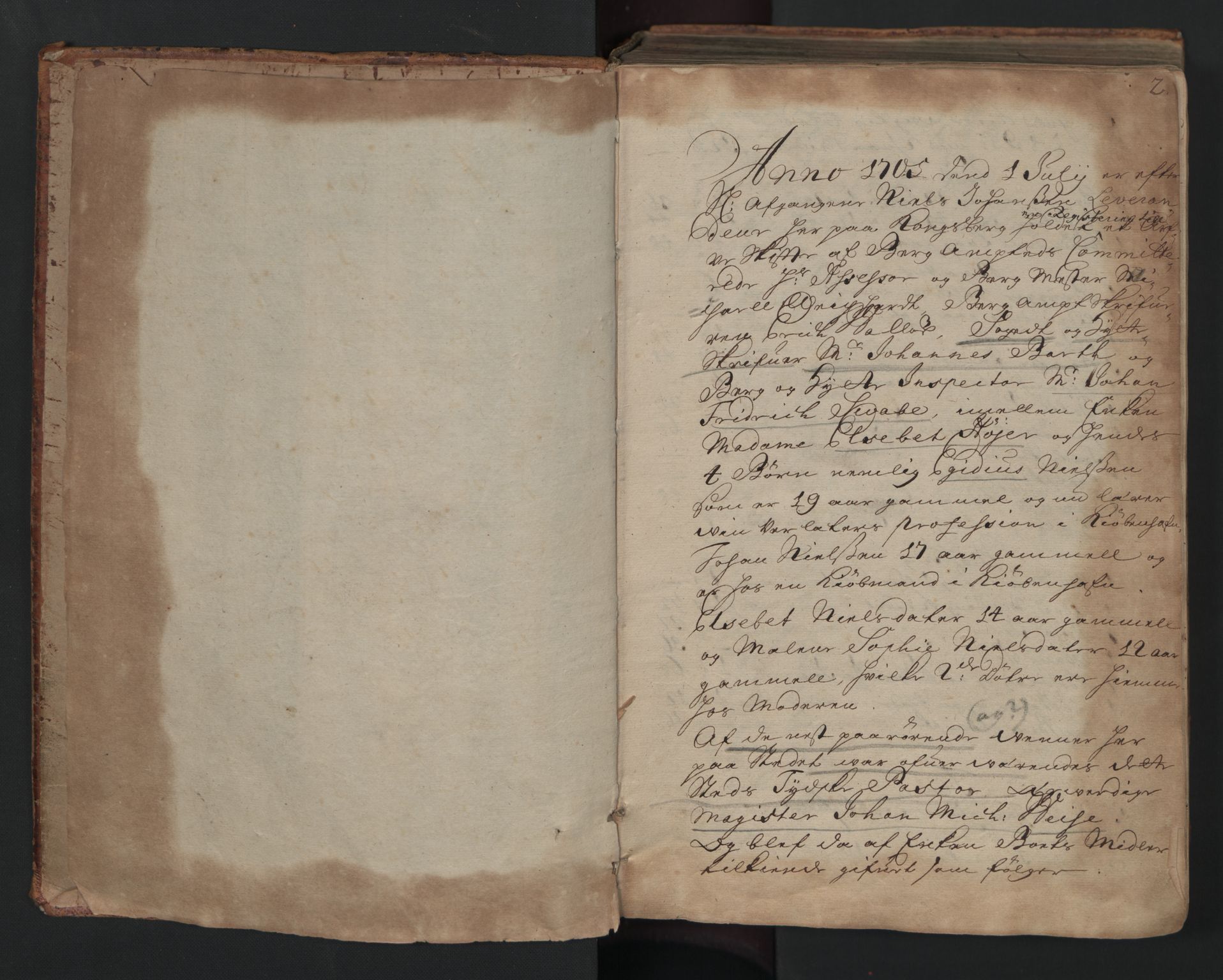 Sønnafjelske bergamt , AV/SAKO-EA-5262/I/L0001: Skifteprotokoll for Kongsberg bergstad, 1705-1712, p. 1b-2a