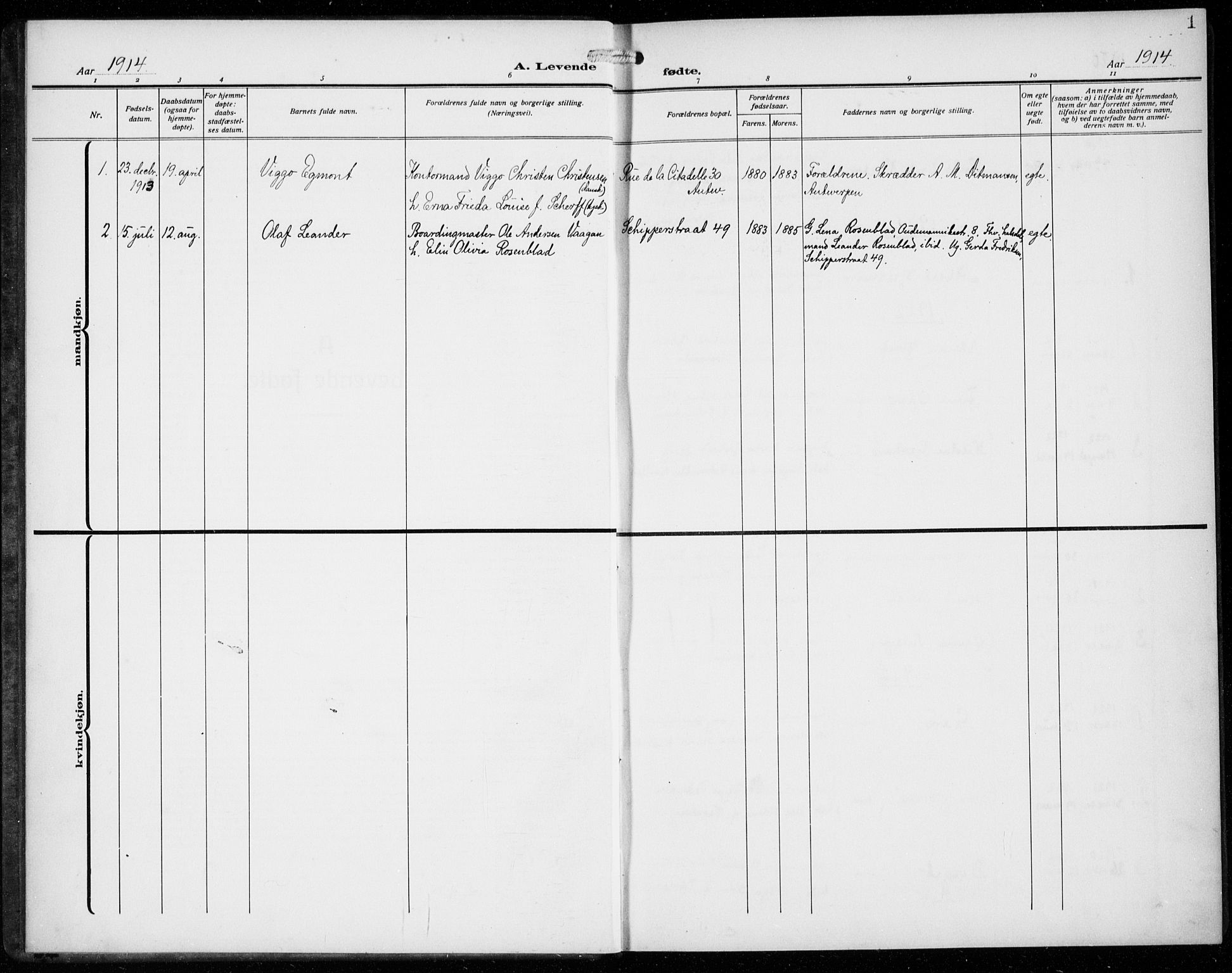 Den norske sjømannsmisjon i utlandet/Antwerpen, SAB/SAB/PA-0105/H/Ha/L0003: Parish register (official) no. A 3, 1914-1930, p. 1