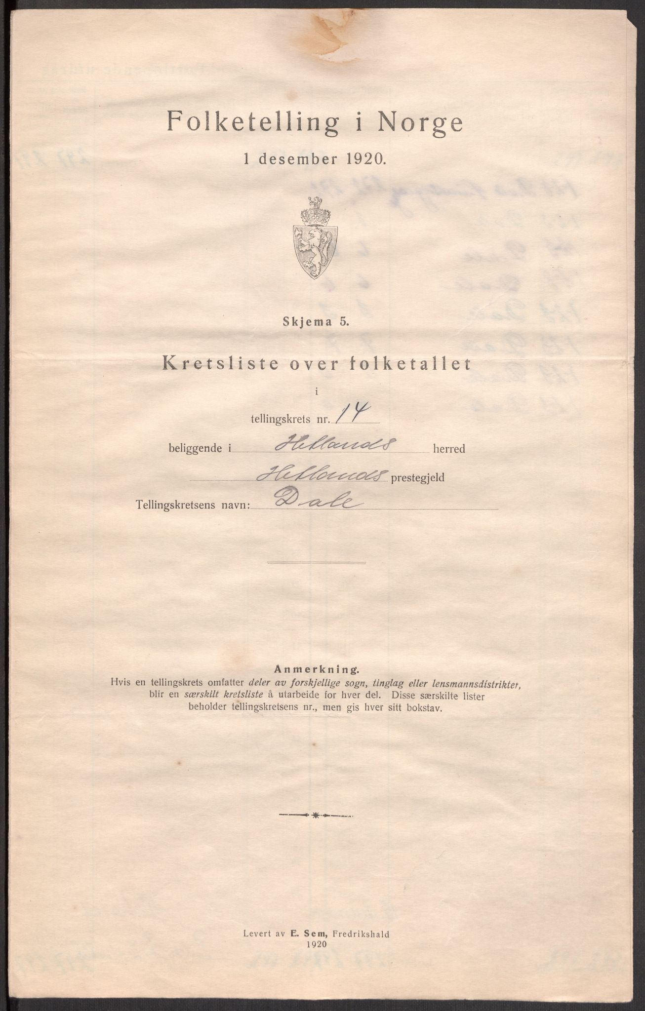 SAST, 1920 census for Hetland, 1920, p. 58