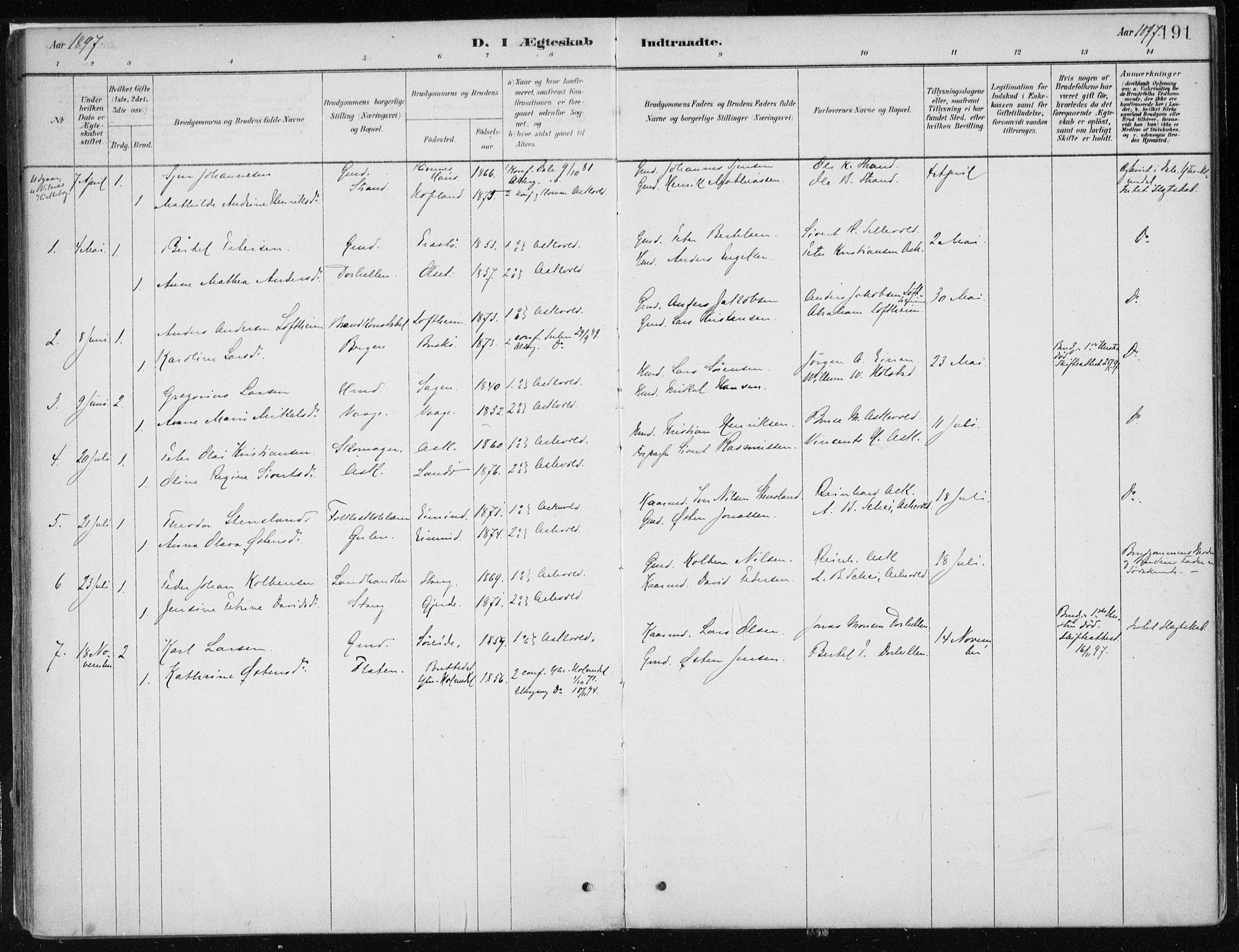 Askvoll sokneprestembete, SAB/A-79501/H/Haa/Haab/L0002: Parish register (official) no. B 2, 1879-1909, p. 191