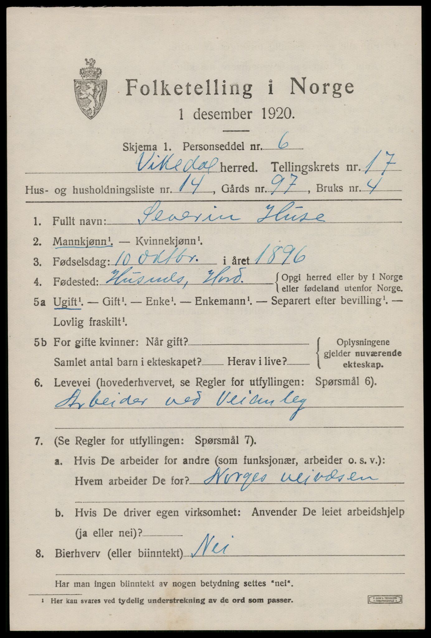 SAST, 1920 census for Vikedal, 1920, p. 5155