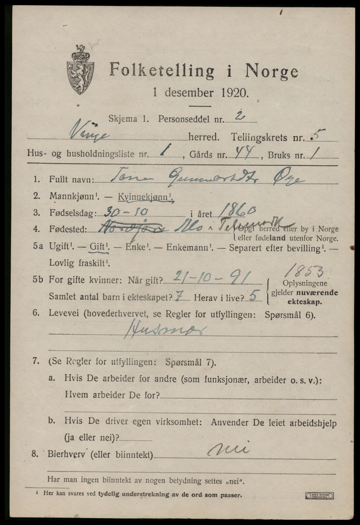 SAKO, 1920 census for Vinje, 1920, p. 1607