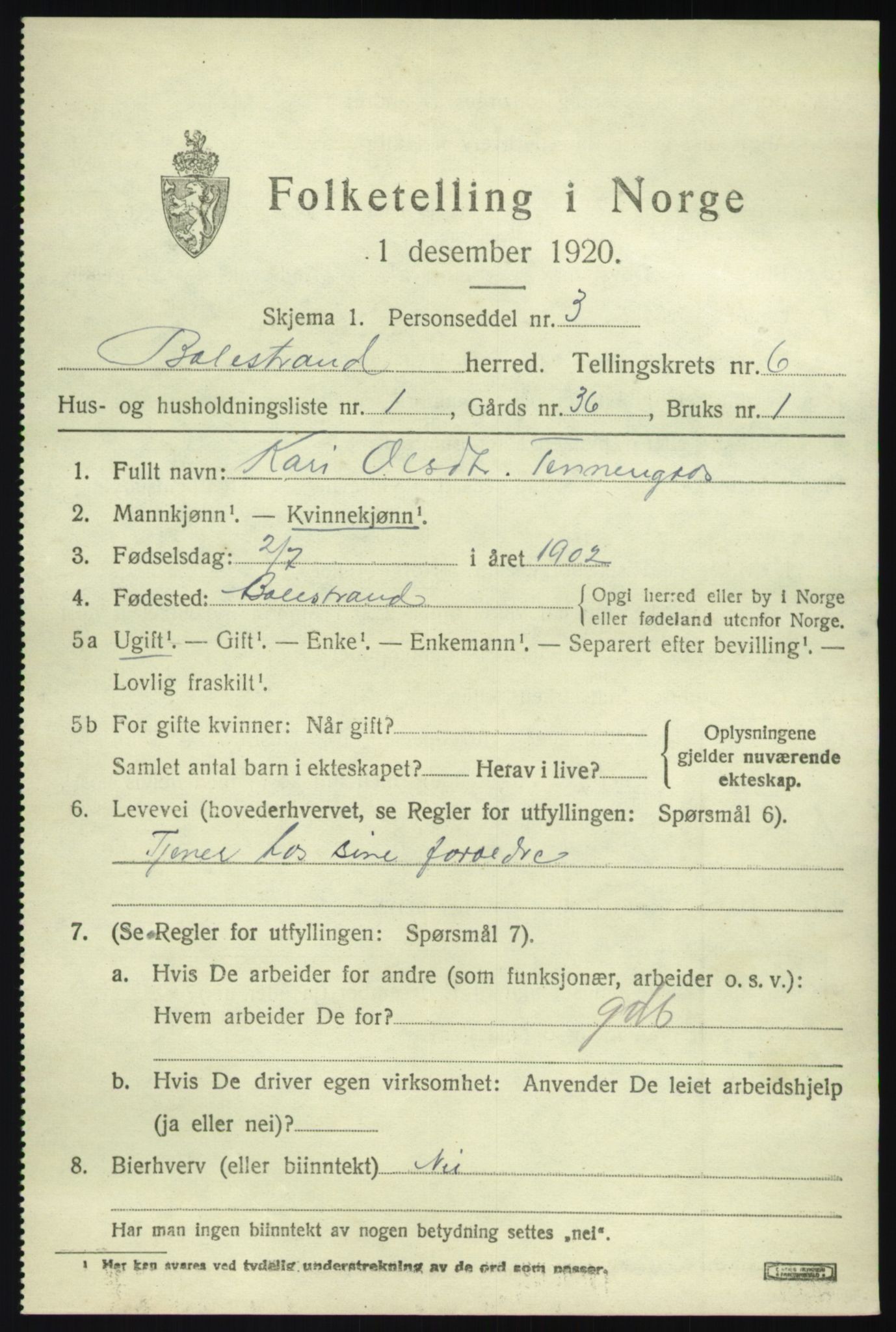 SAB, 1920 census for Balestrand, 1920, p. 2862