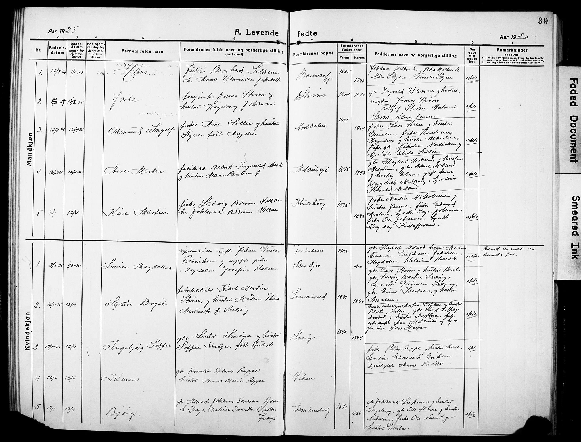 Ministerialprotokoller, klokkerbøker og fødselsregistre - Sør-Trøndelag, AV/SAT-A-1456/634/L0543: Parish register (copy) no. 634C05, 1917-1928, p. 39