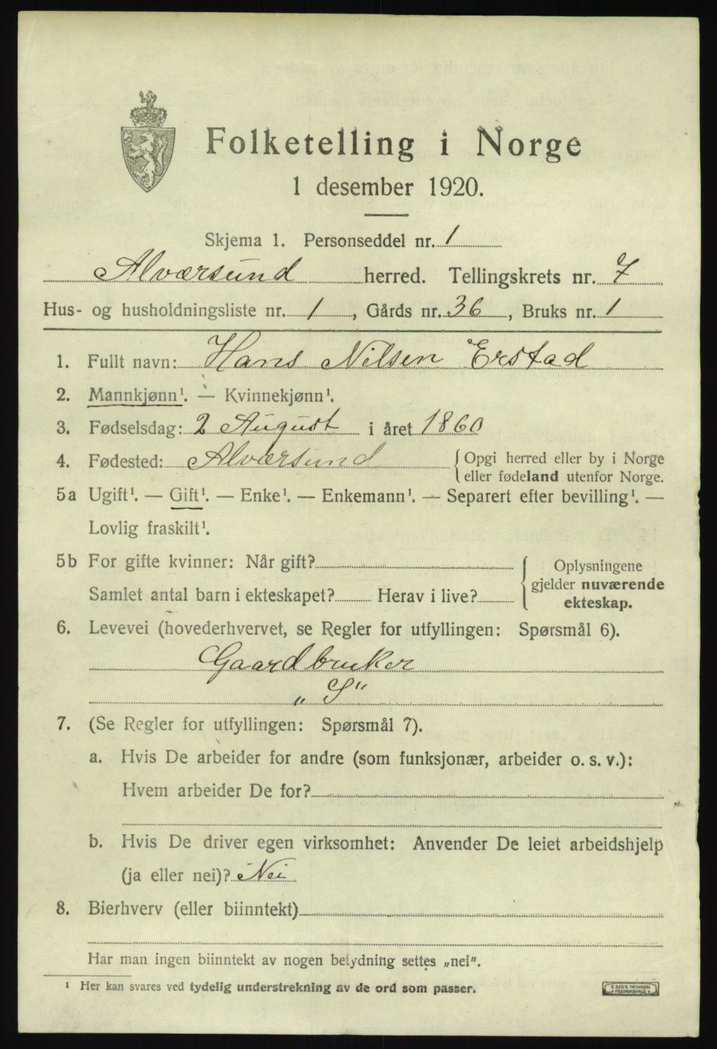 SAB, 1920 census for Alversund, 1920, p. 4650