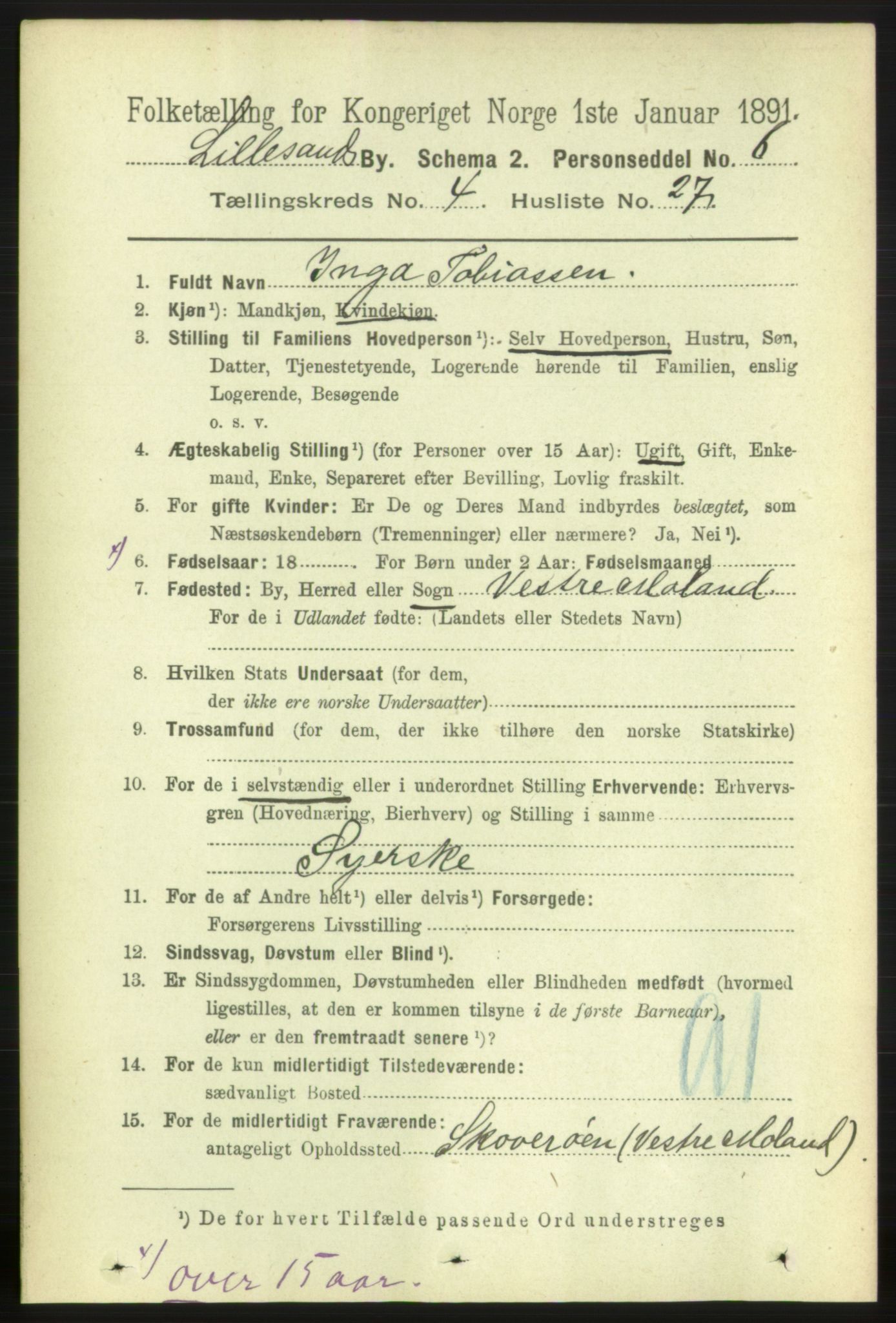 RA, 1891 census for 0905 Lillesand, 1891, p. 1290