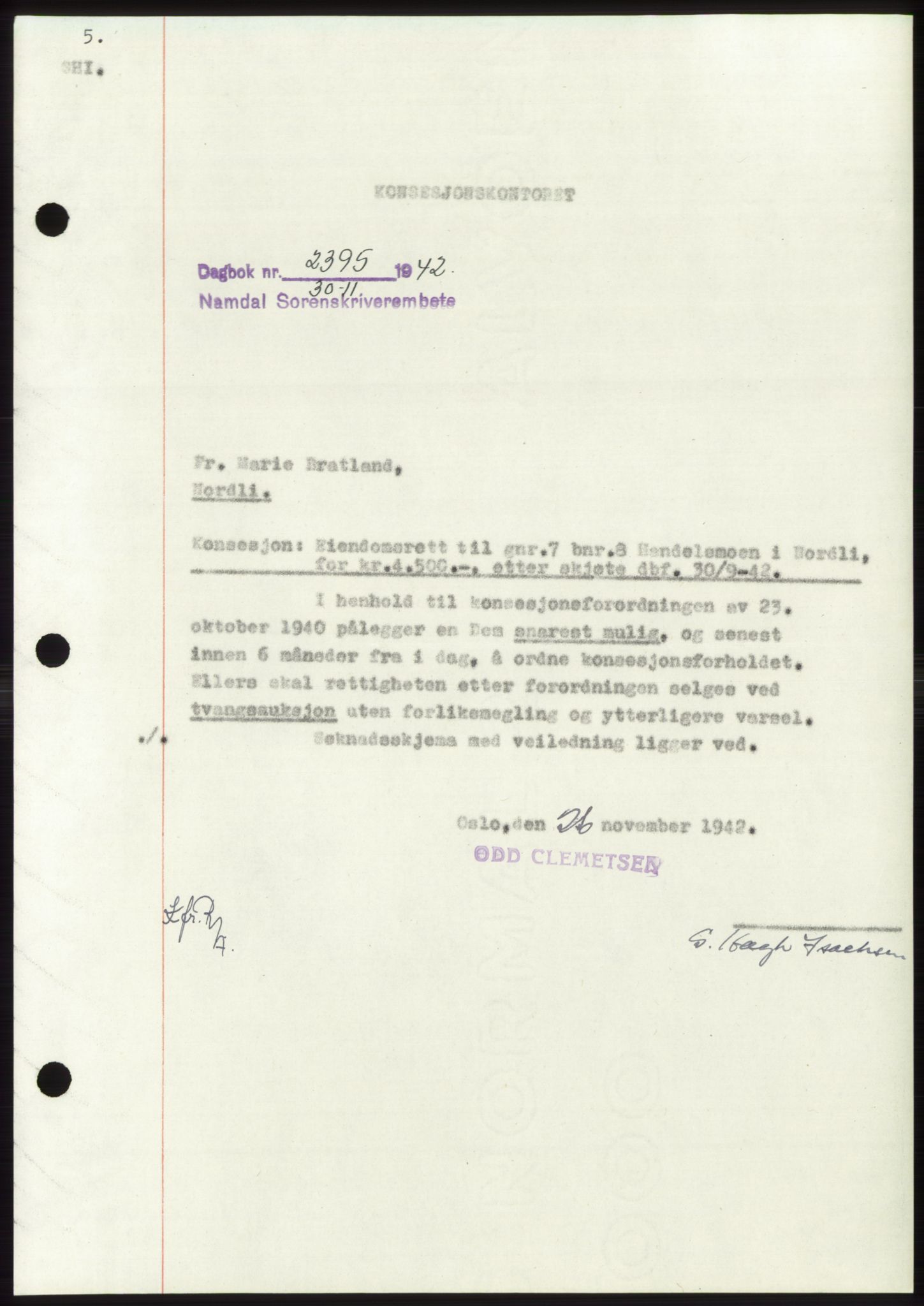 Namdal sorenskriveri, SAT/A-4133/1/2/2C: Mortgage book no. -, 1942-1943, Diary no: : 2395/1942