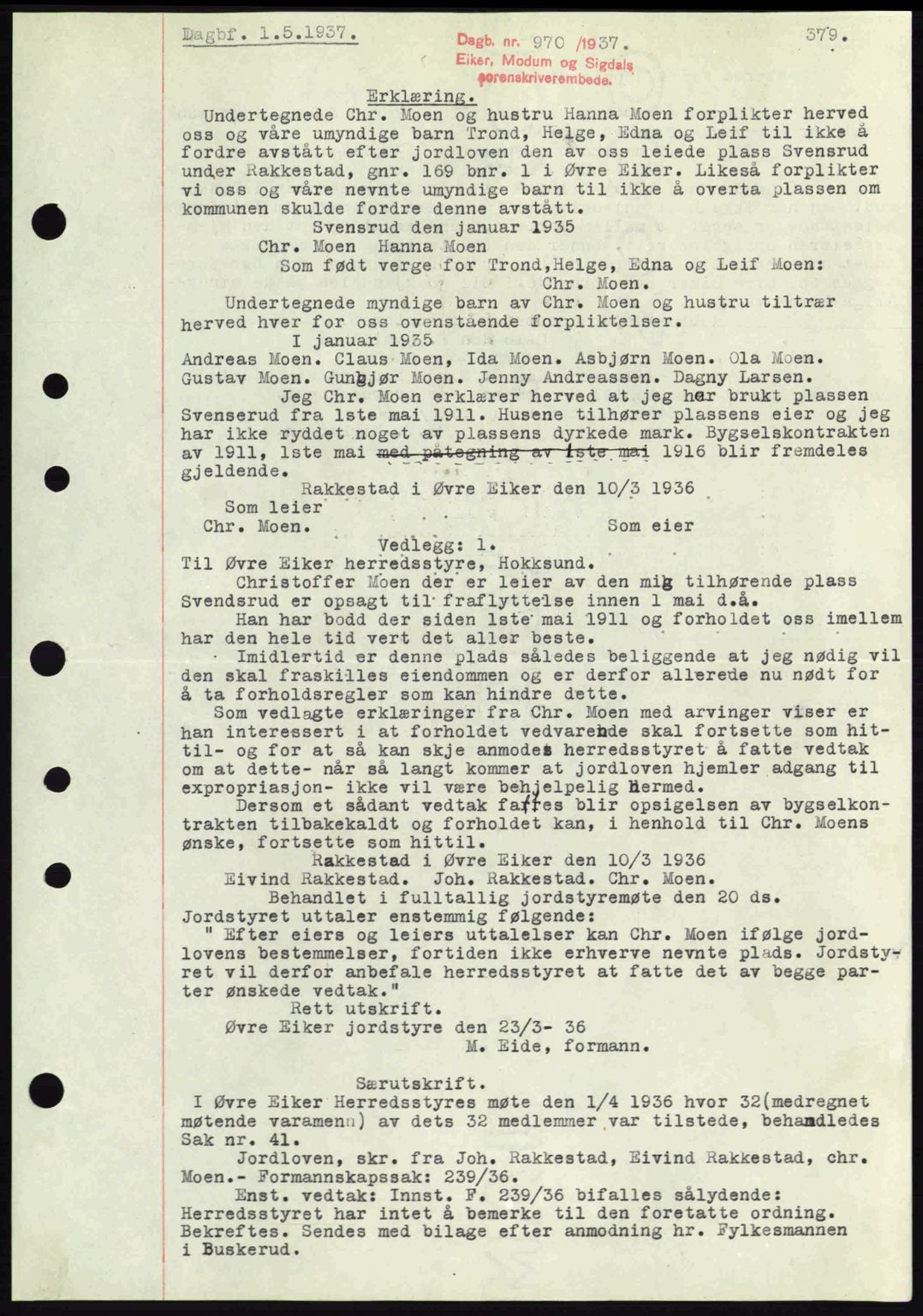 Eiker, Modum og Sigdal sorenskriveri, SAKO/A-123/G/Ga/Gab/L0035: Mortgage book no. A5, 1937-1937, Diary no: : 970/1937