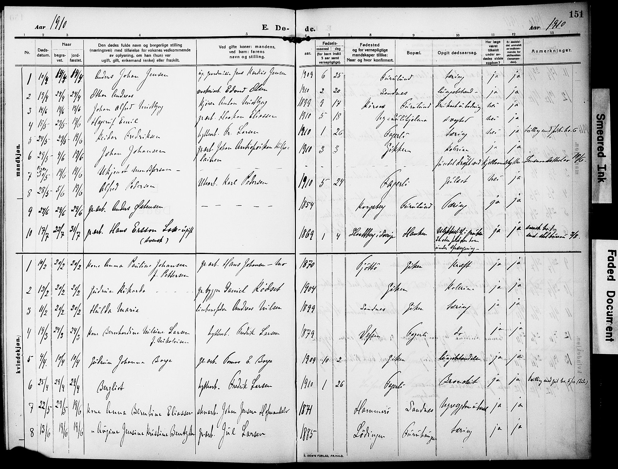 Ministerialprotokoller, klokkerbøker og fødselsregistre - Nordland, AV/SAT-A-1459/850/L0710: Parish register (official) no. 850A02, 1910-1920, p. 151