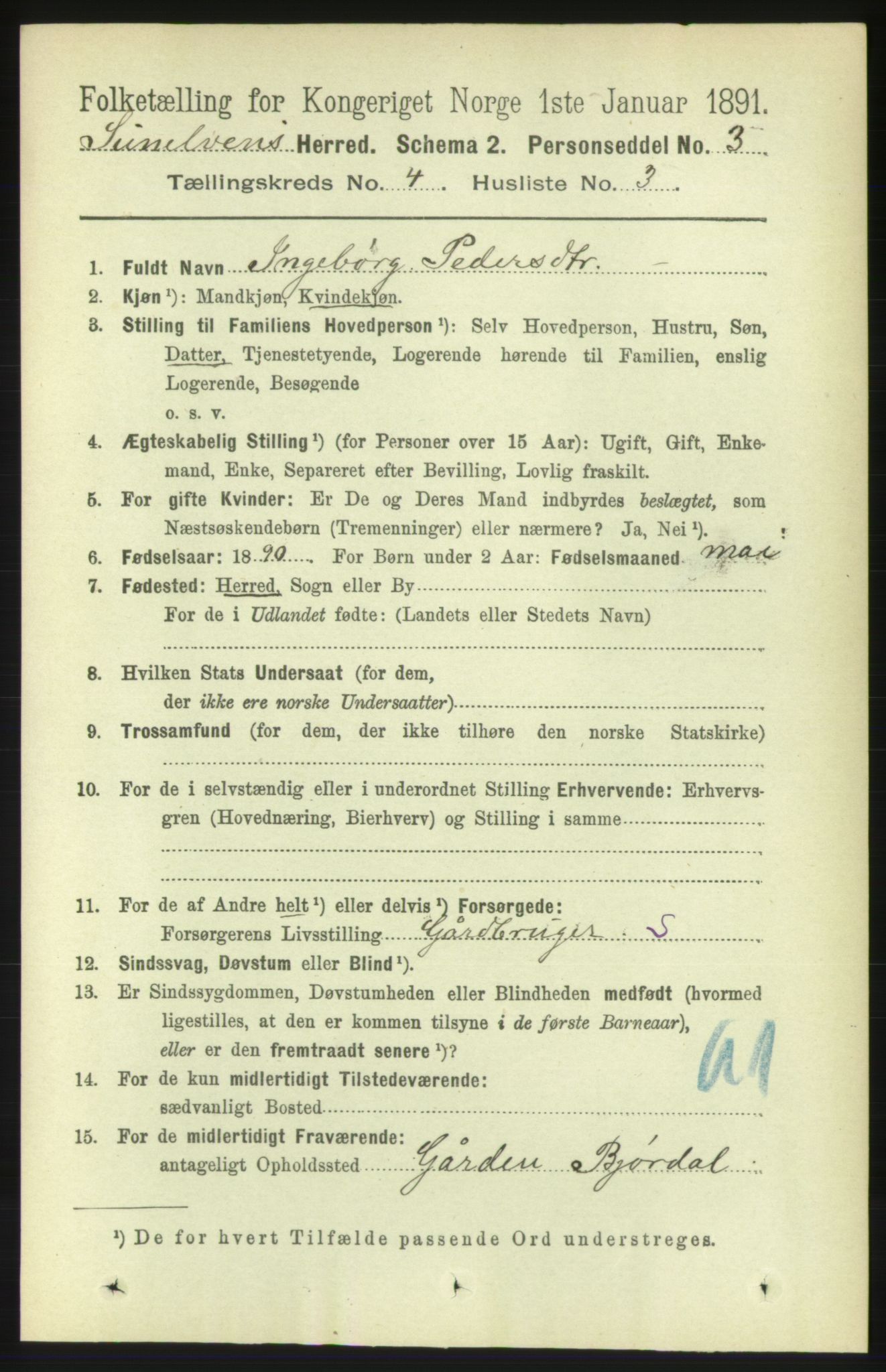 RA, 1891 census for 1523 Sunnylven, 1891, p. 889