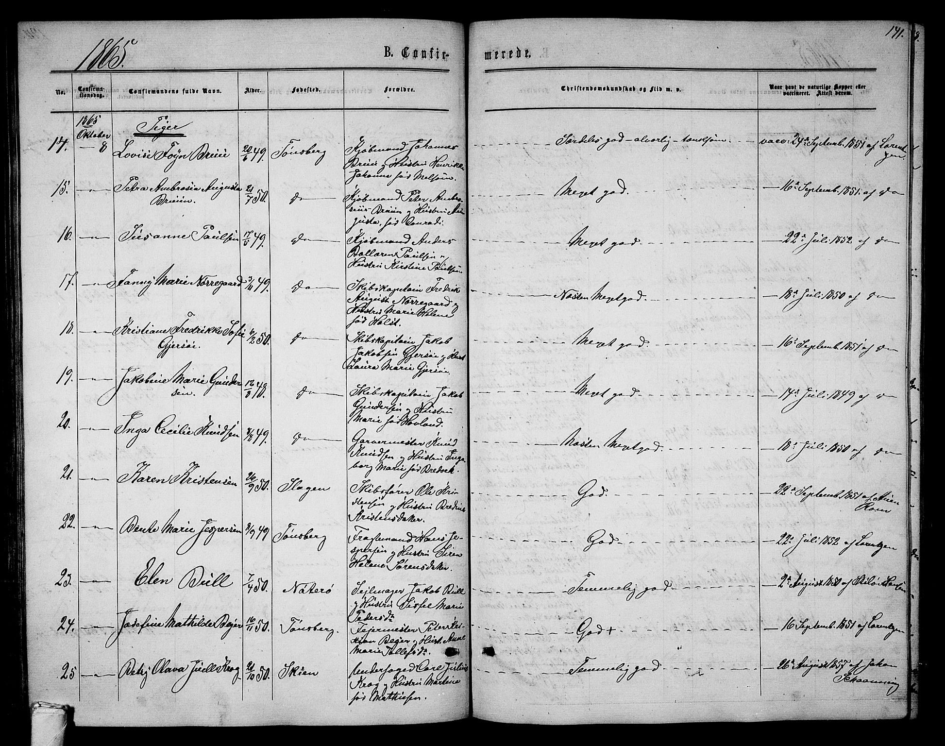 Tønsberg kirkebøker, AV/SAKO-A-330/G/Ga/L0004: Parish register (copy) no. 4, 1865-1874, p. 141