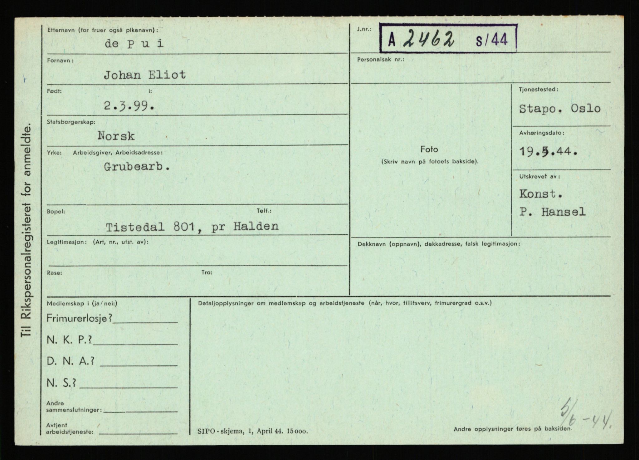 Statspolitiet - Hovedkontoret / Osloavdelingen, AV/RA-S-1329/C/Ca/L0012: Oanæs - Quistgaard	, 1943-1945, p. 4940