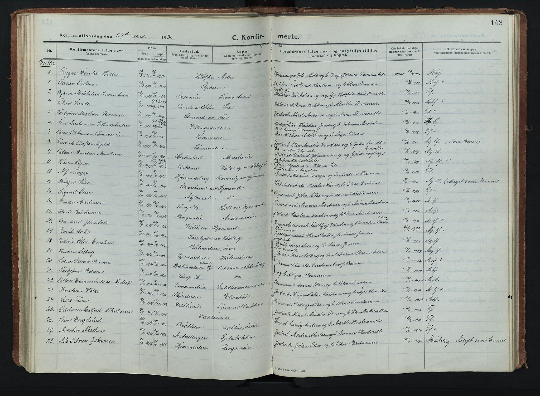 Stange prestekontor, SAH/PREST-002/K/L0028: Parish register (official) no. 28, 1913-1932, p. 148