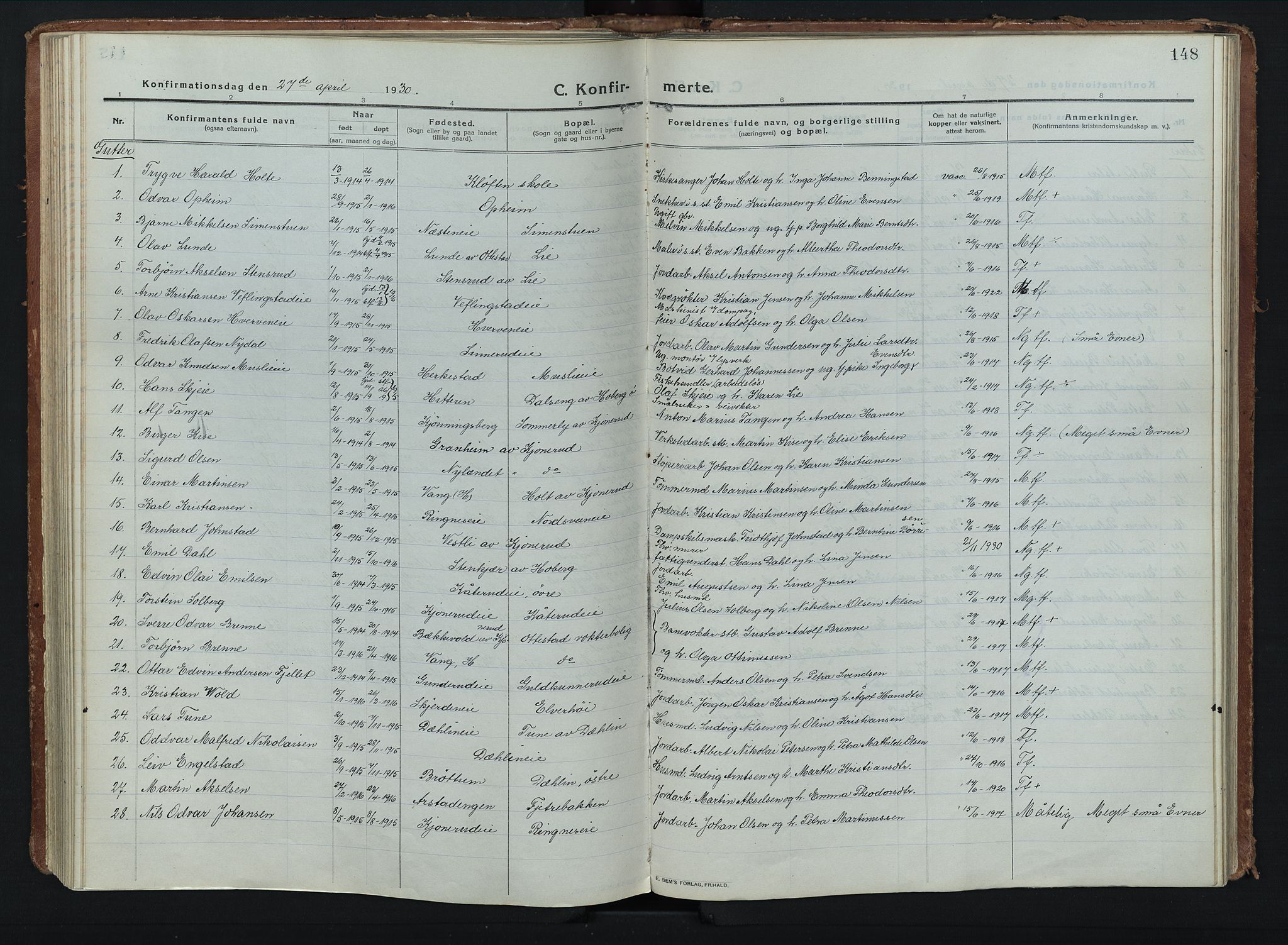 Stange prestekontor, AV/SAH-PREST-002/K/L0028: Parish register (official) no. 28, 1913-1932, p. 148