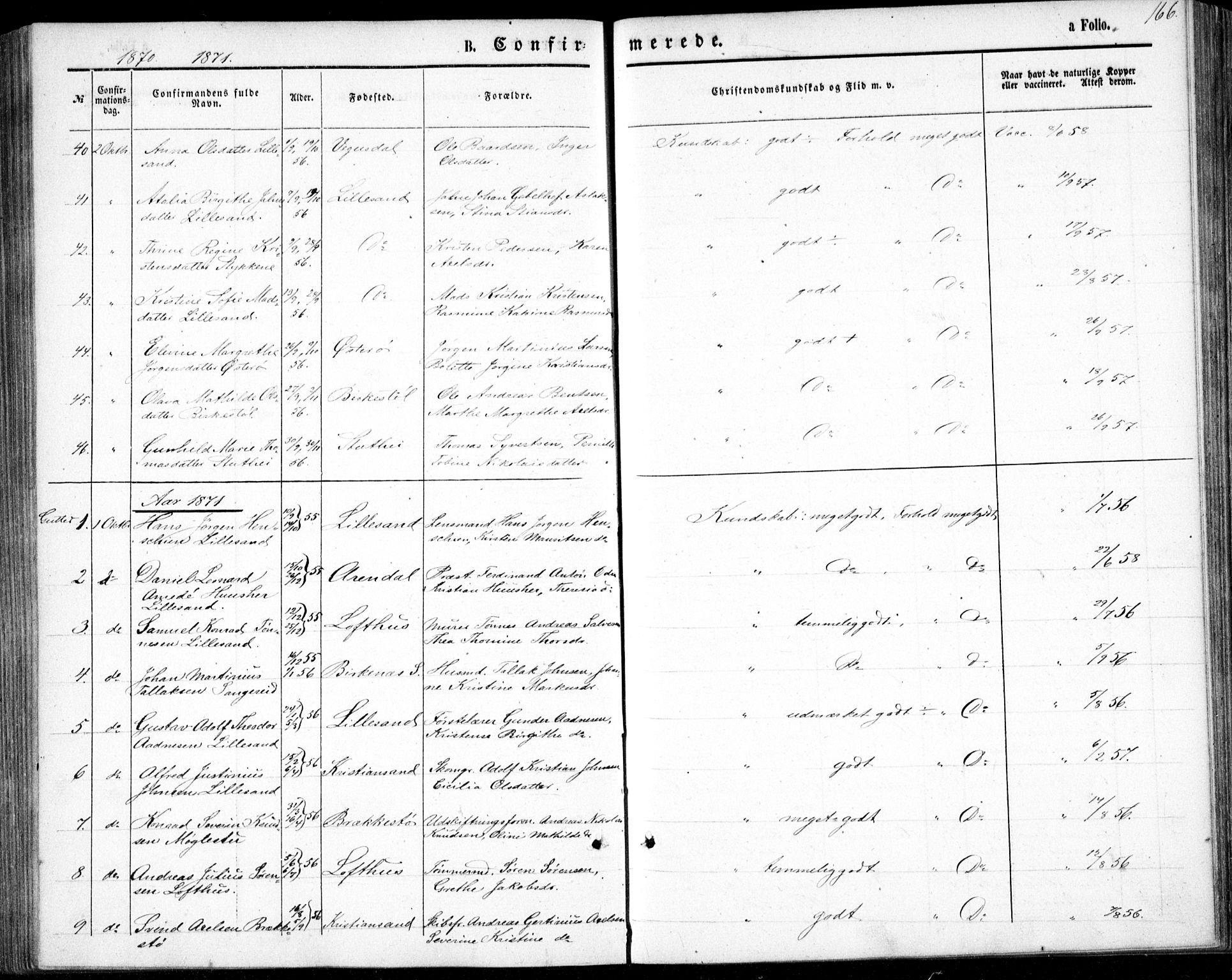 Vestre Moland sokneprestkontor, SAK/1111-0046/F/Fb/Fbb/L0004: Parish register (copy) no. B 4, 1861-1872, p. 166