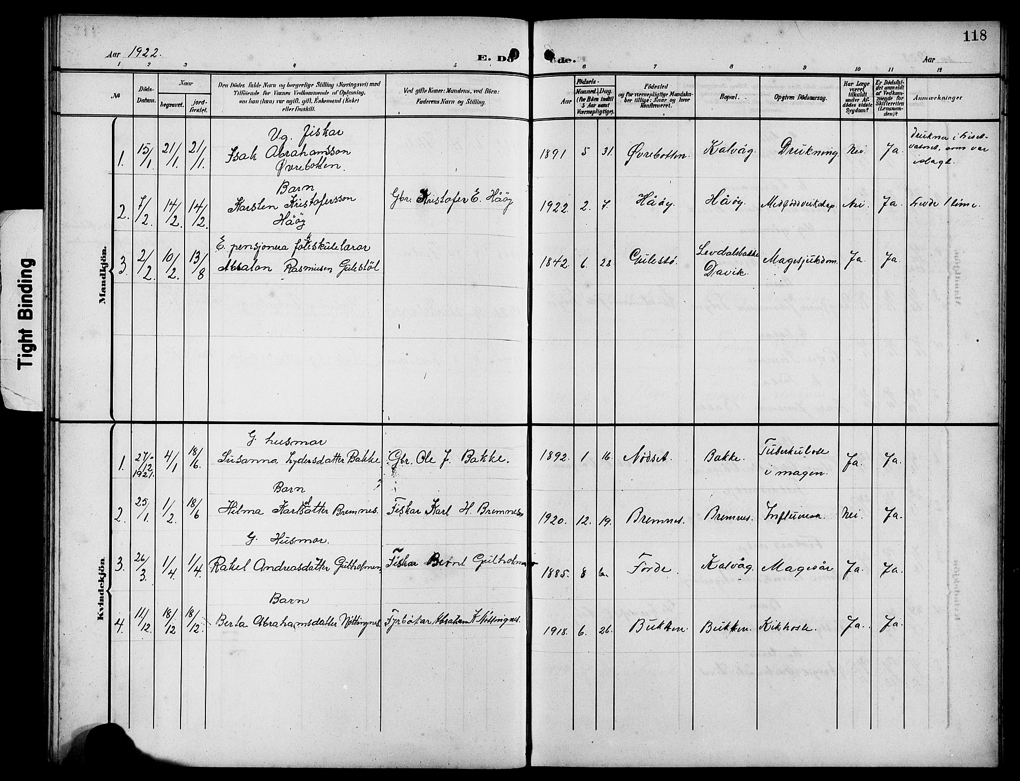 Bremanger sokneprestembete, SAB/A-82201/H/Hab/Habb/L0001: Parish register (copy) no. B 1, 1906-1925, p. 118