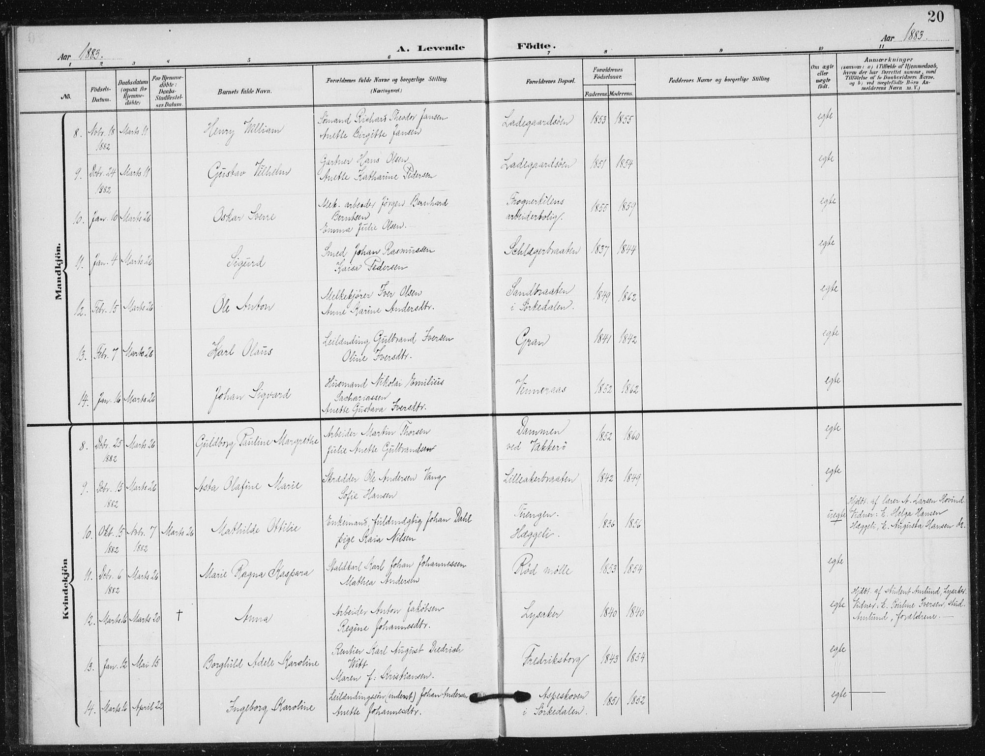 Vestre Aker prestekontor Kirkebøker, AV/SAO-A-10025/F/Fb/L0001: Parish register (official) no. II 1, 1880-1906, p. 20