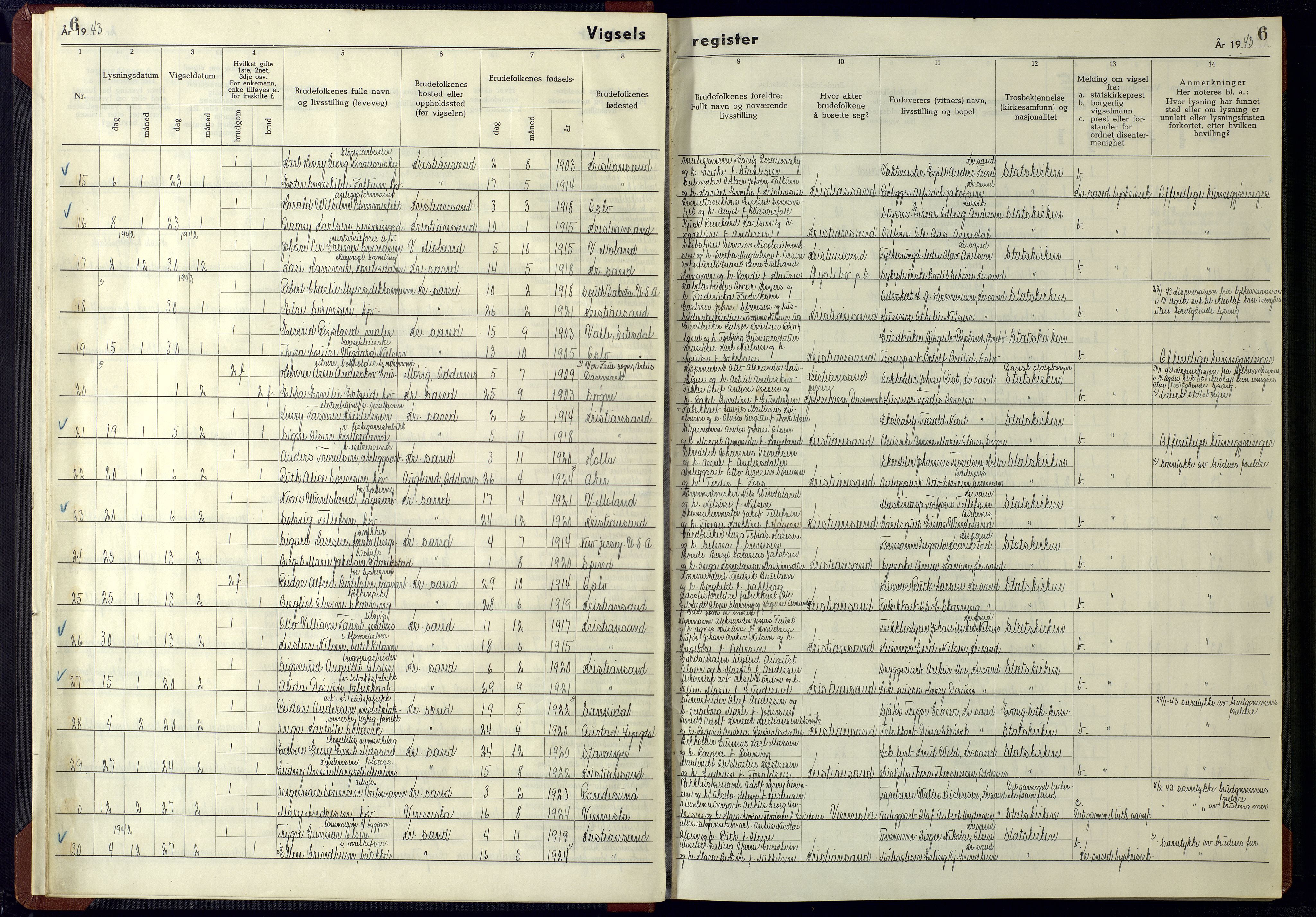 Kristiansand domprosti, SAK/1112-0006/J/Ja/L0003: Marriage register no. A-VI-15, 1942-1945, p. 6