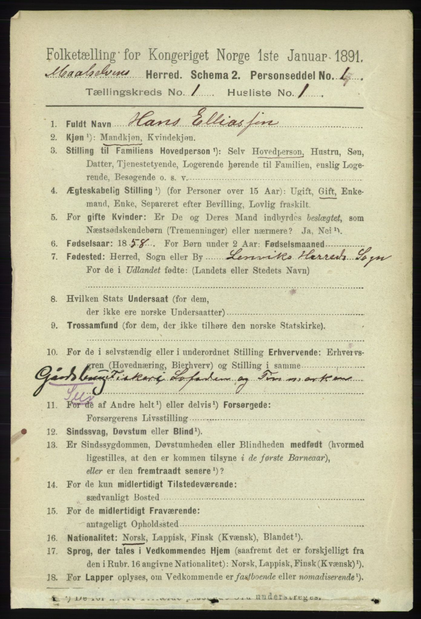 RA, 1891 census for 1924 Målselv, 1891, p. 68