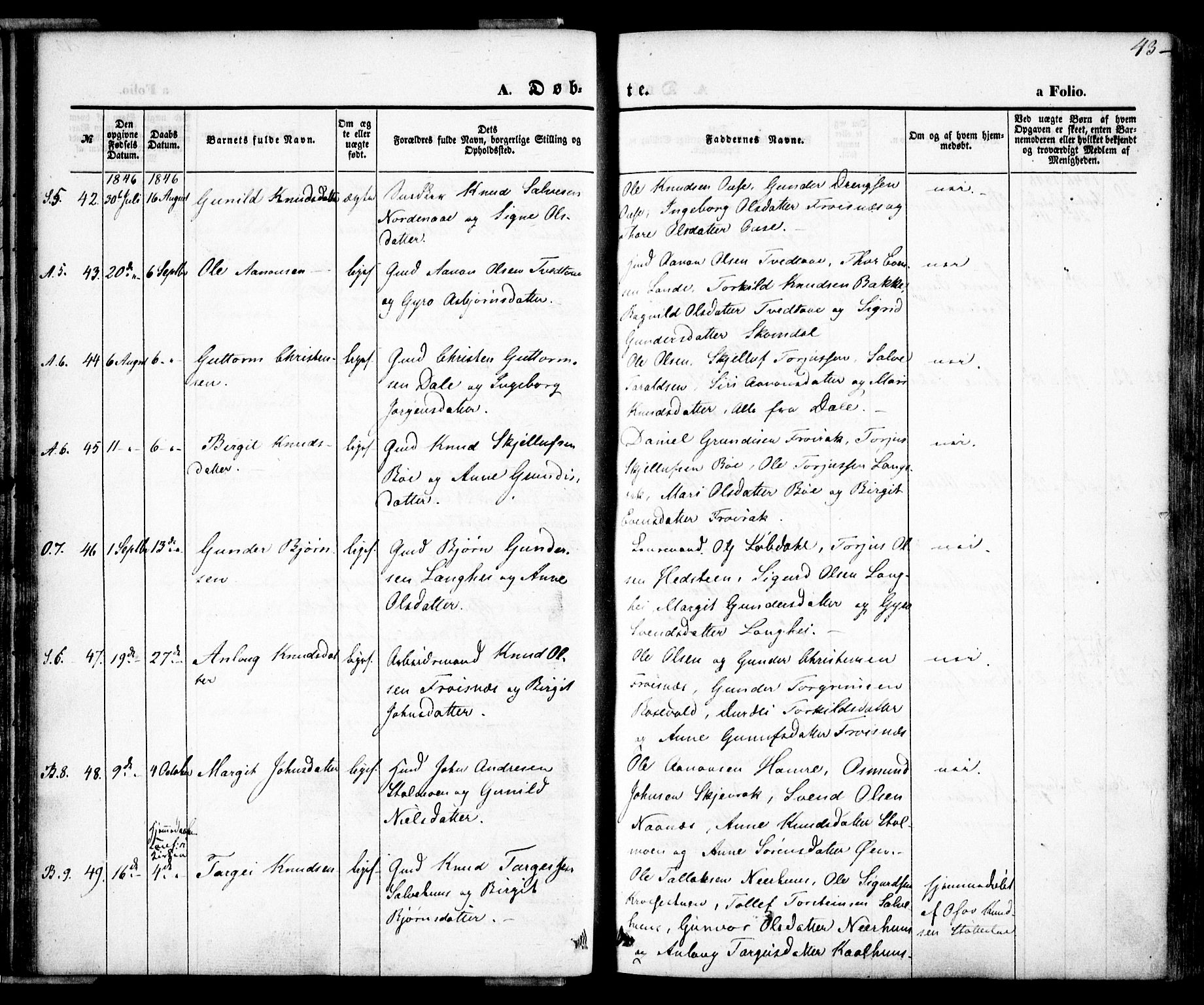 Bygland sokneprestkontor, AV/SAK-1111-0006/F/Fa/Fab/L0004: Parish register (official) no. A 4, 1842-1858, p. 43