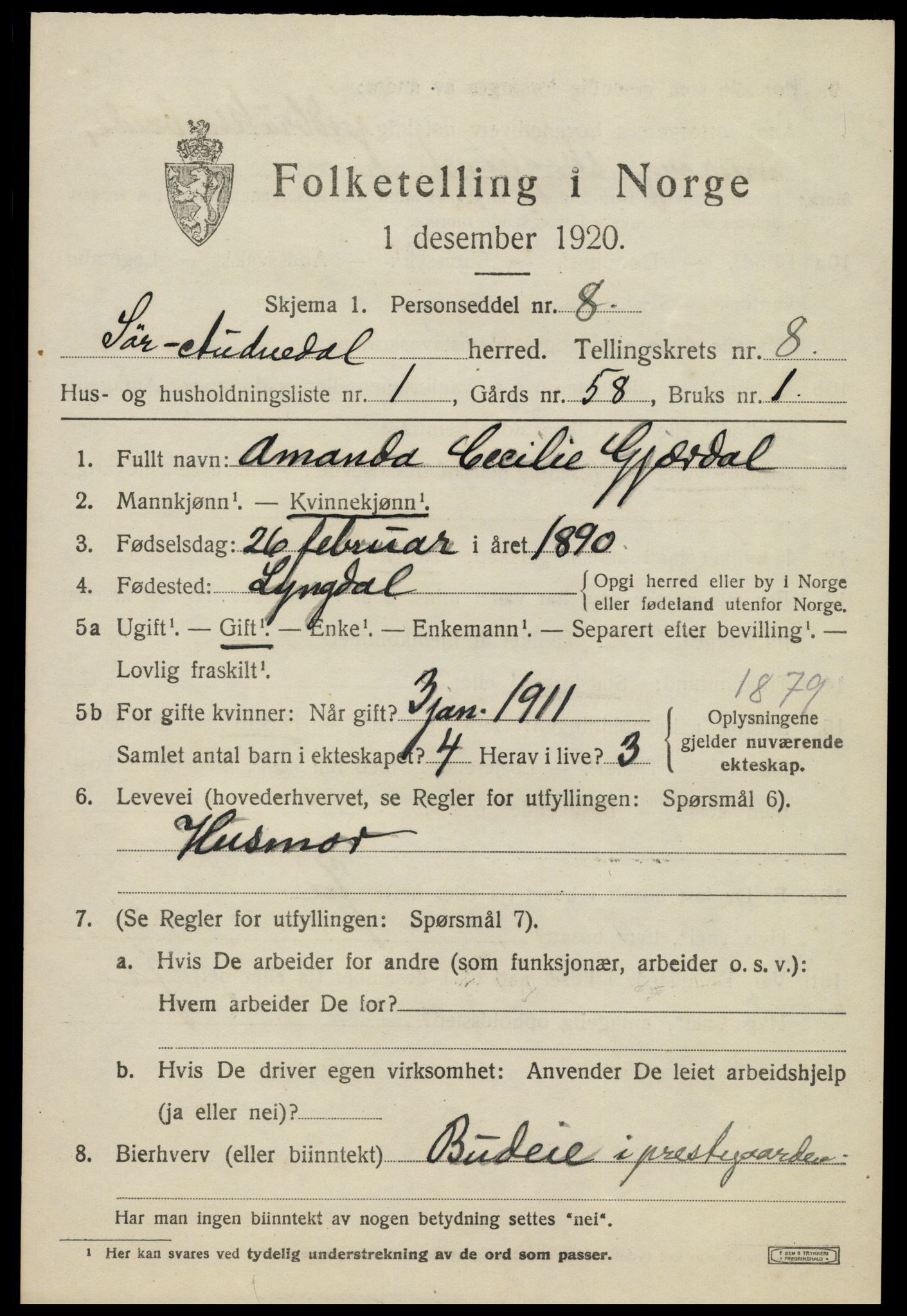 SAK, 1920 census for Sør-Audnedal, 1920, p. 3193