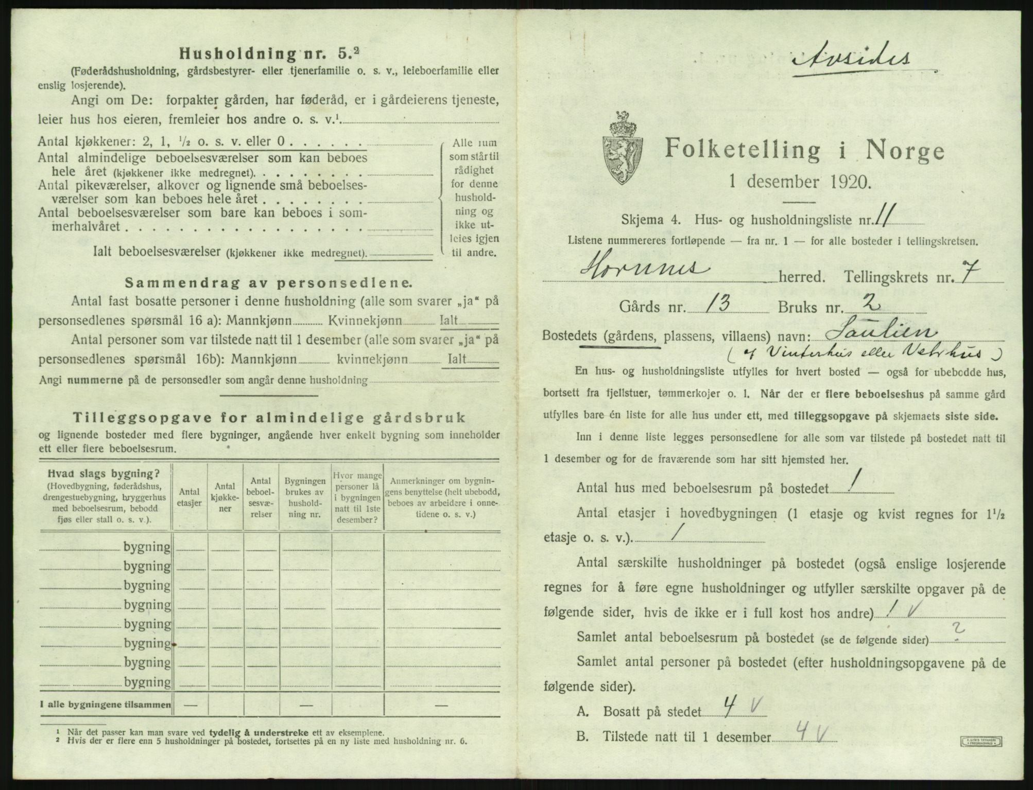 SAK, 1920 census for Hornnes, 1920, p. 283