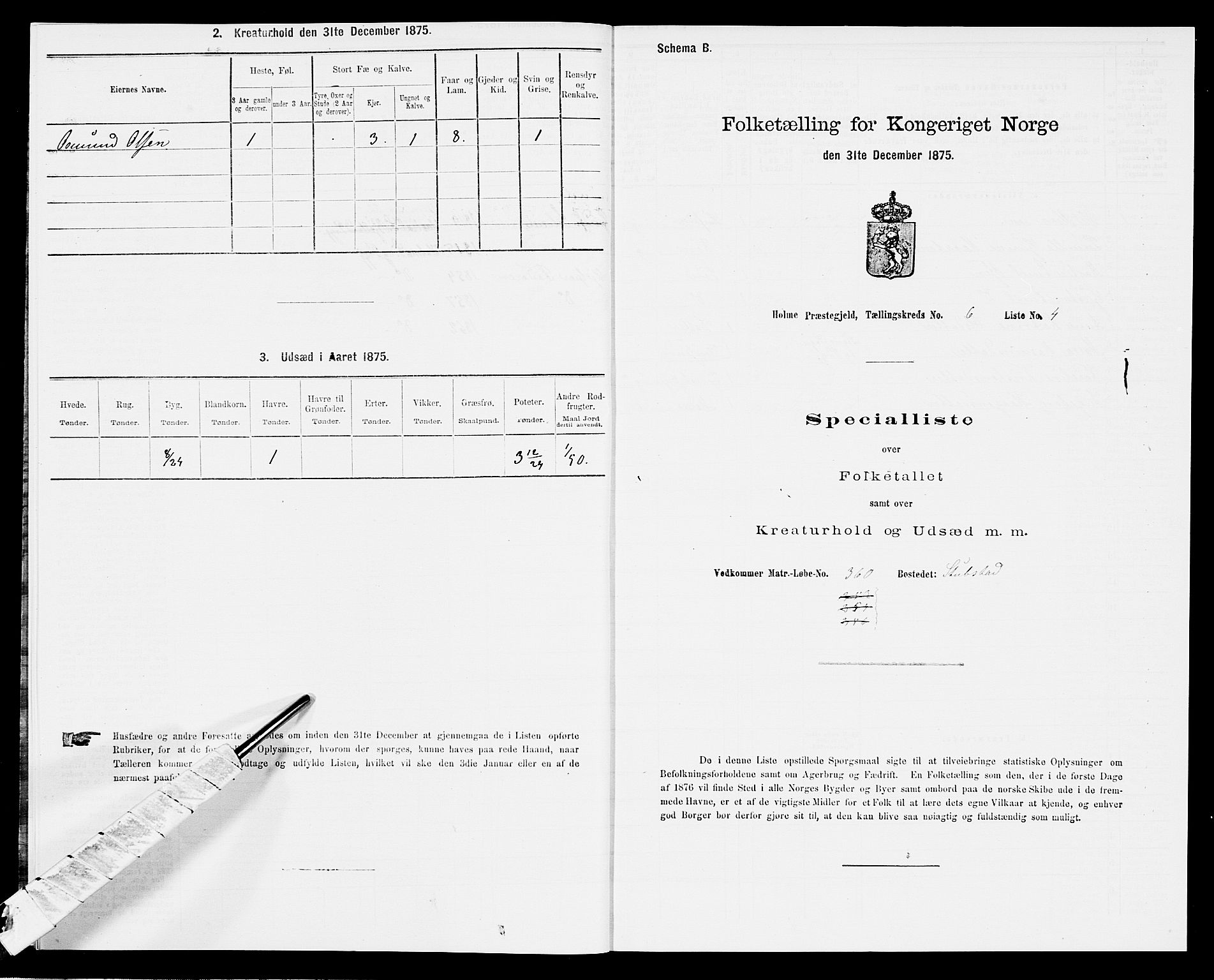 SAK, 1875 census for 1020P Holum, 1875, p. 579