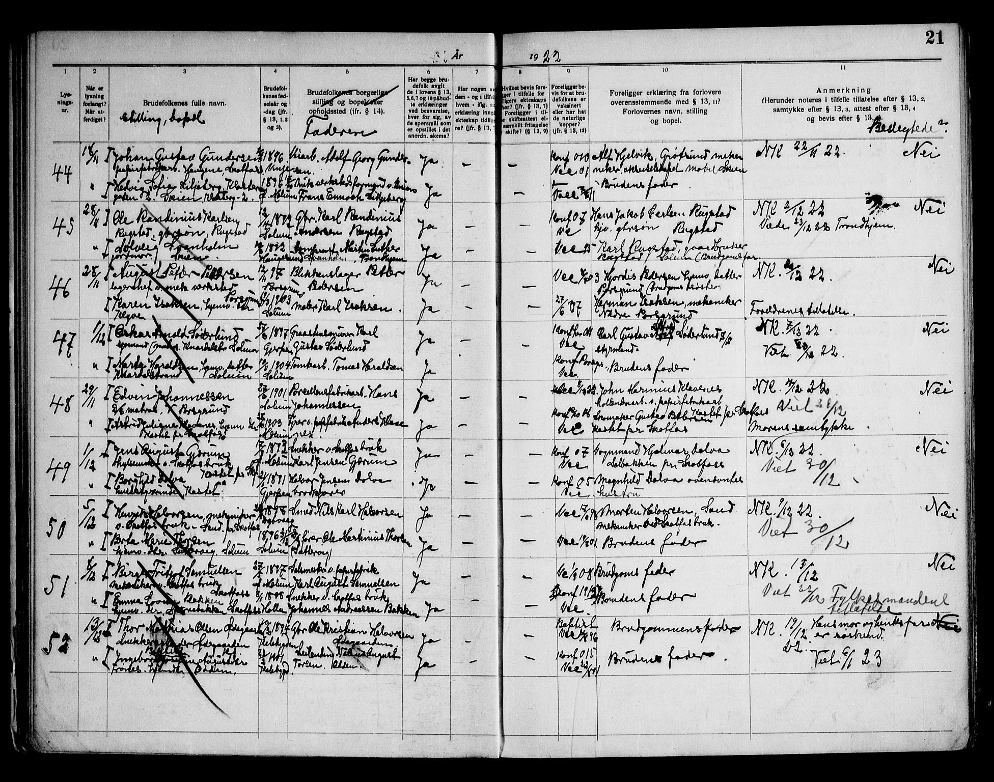 Solum kirkebøker, AV/SAKO-A-306/H/Ha/L0002: Banns register no. I 2, 1919-1946, p. 21