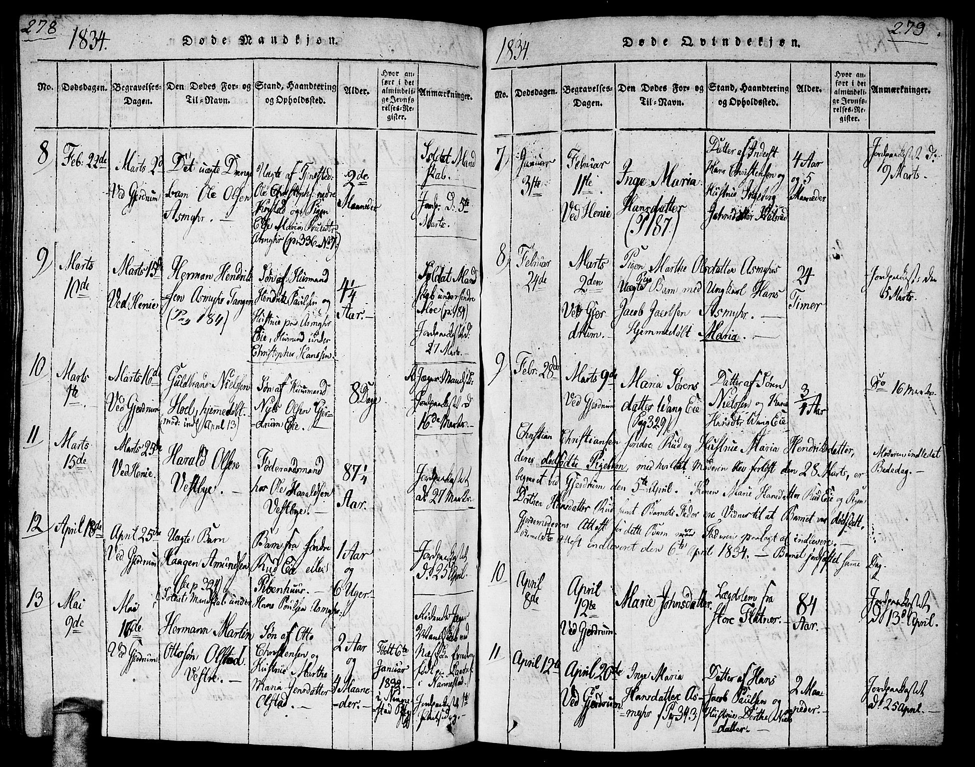 Gjerdrum prestekontor Kirkebøker, AV/SAO-A-10412b/G/Ga/L0001: Parish register (copy) no. I 1, 1816-1837, p. 278-279