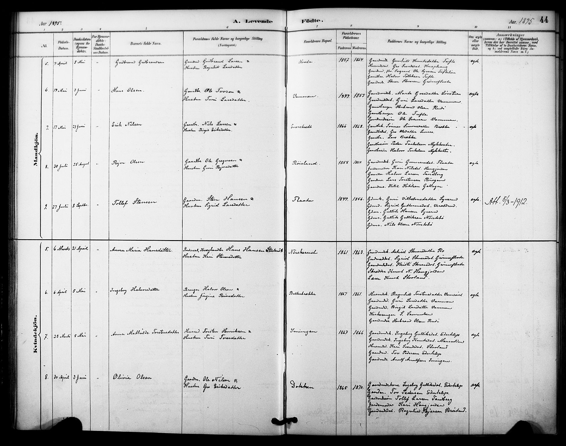 Nore kirkebøker, AV/SAKO-A-238/F/Fc/L0004: Parish register (official) no. III 4, 1885-1898, p. 44