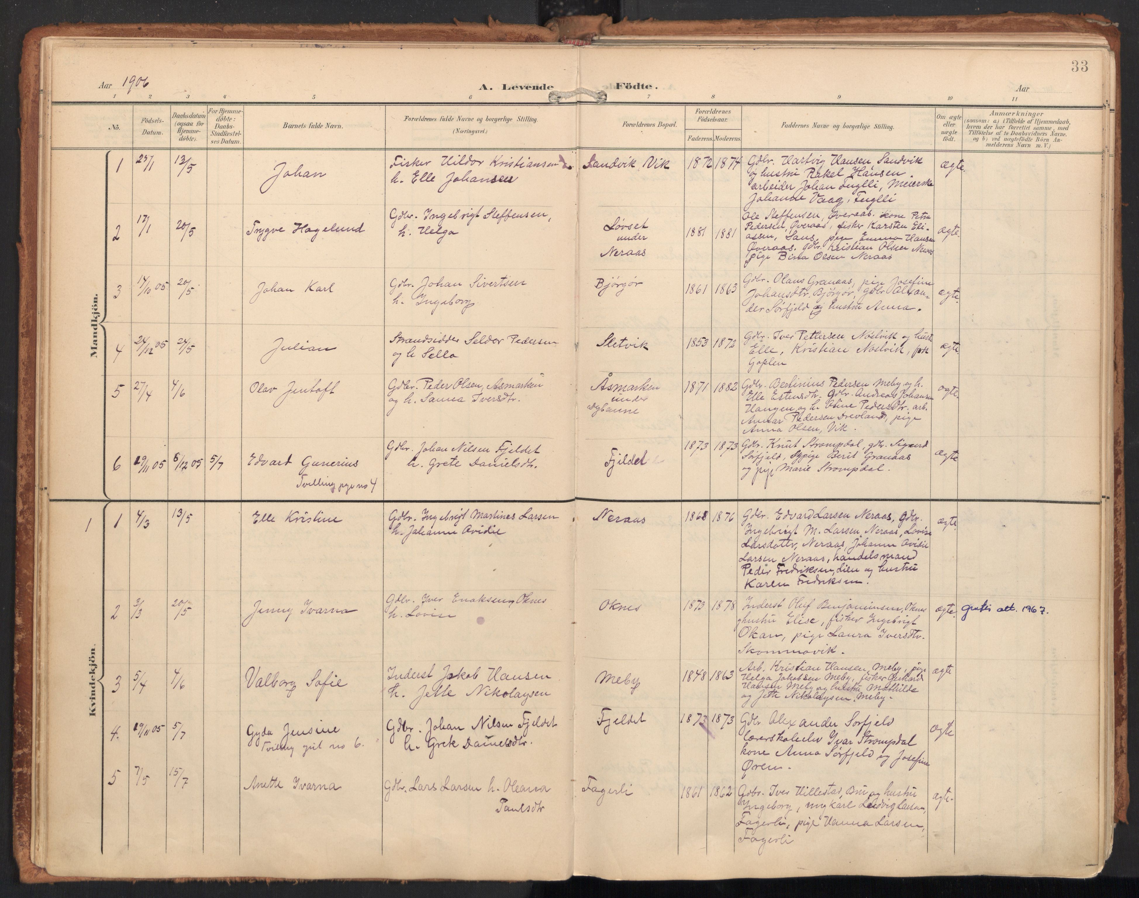 Ministerialprotokoller, klokkerbøker og fødselsregistre - Nordland, SAT/A-1459/814/L0227: Parish register (official) no. 814A08, 1899-1920, p. 33