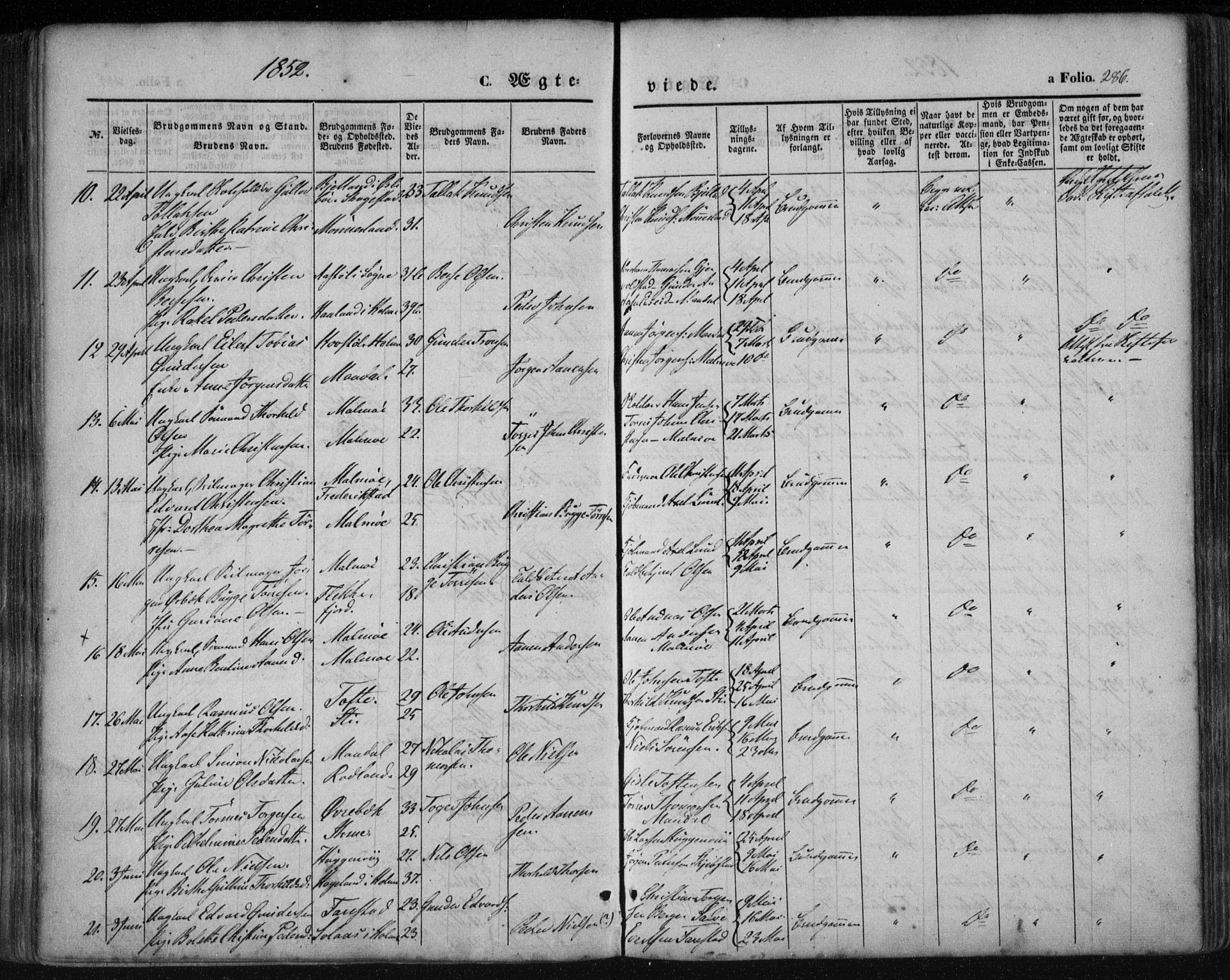 Mandal sokneprestkontor, SAK/1111-0030/F/Fa/Faa/L0013: Parish register (official) no. A 13, 1847-1859, p. 286