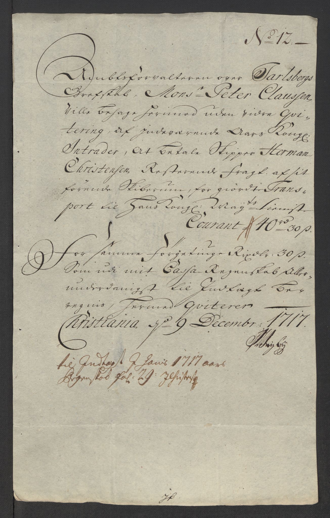 Rentekammeret inntil 1814, Reviderte regnskaper, Fogderegnskap, AV/RA-EA-4092/R32/L1881: Fogderegnskap Jarlsberg grevskap, 1717, p. 255