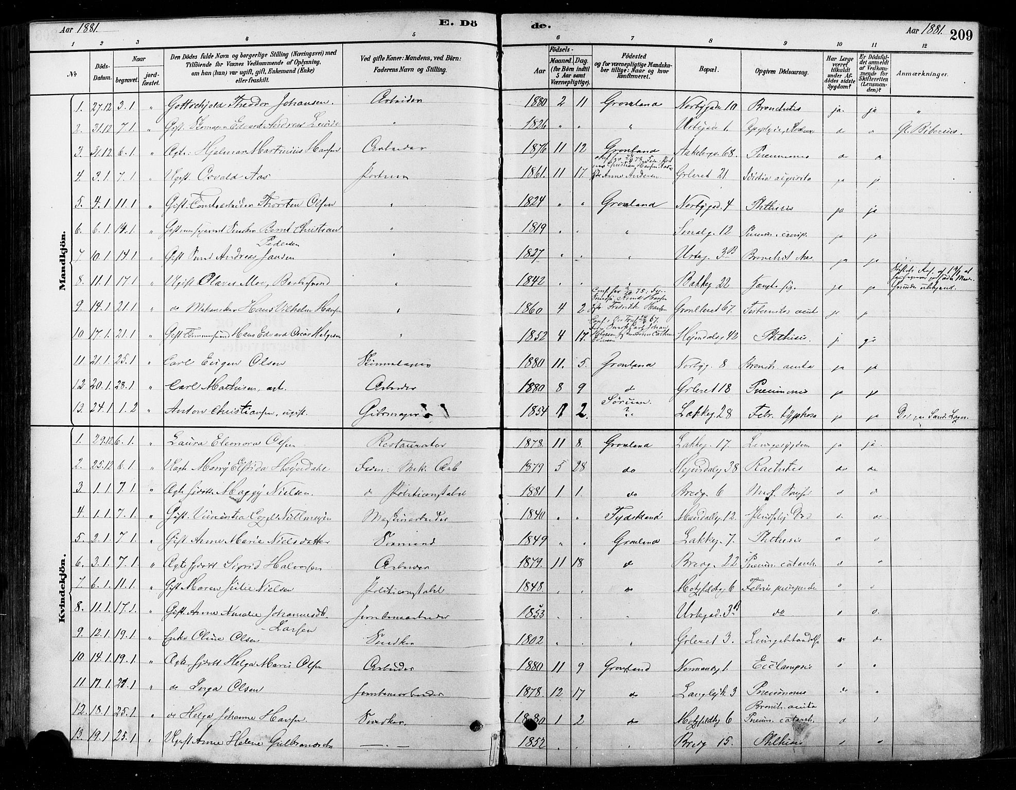 Grønland prestekontor Kirkebøker, AV/SAO-A-10848/F/Fa/L0008: Parish register (official) no. 8, 1881-1893, p. 209