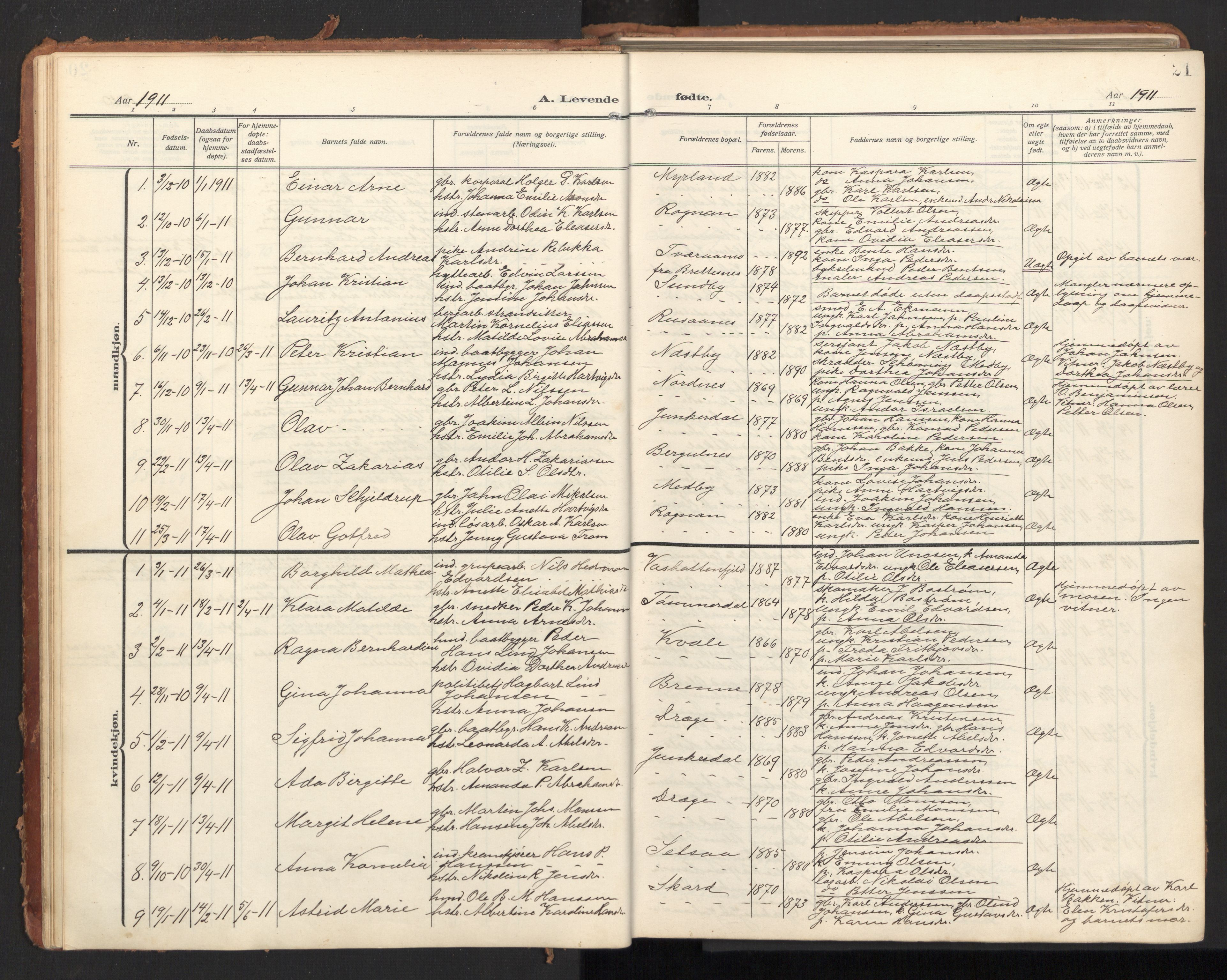 Ministerialprotokoller, klokkerbøker og fødselsregistre - Nordland, SAT/A-1459/847/L0683: Parish register (copy) no. 847C11, 1908-1929, p. 21