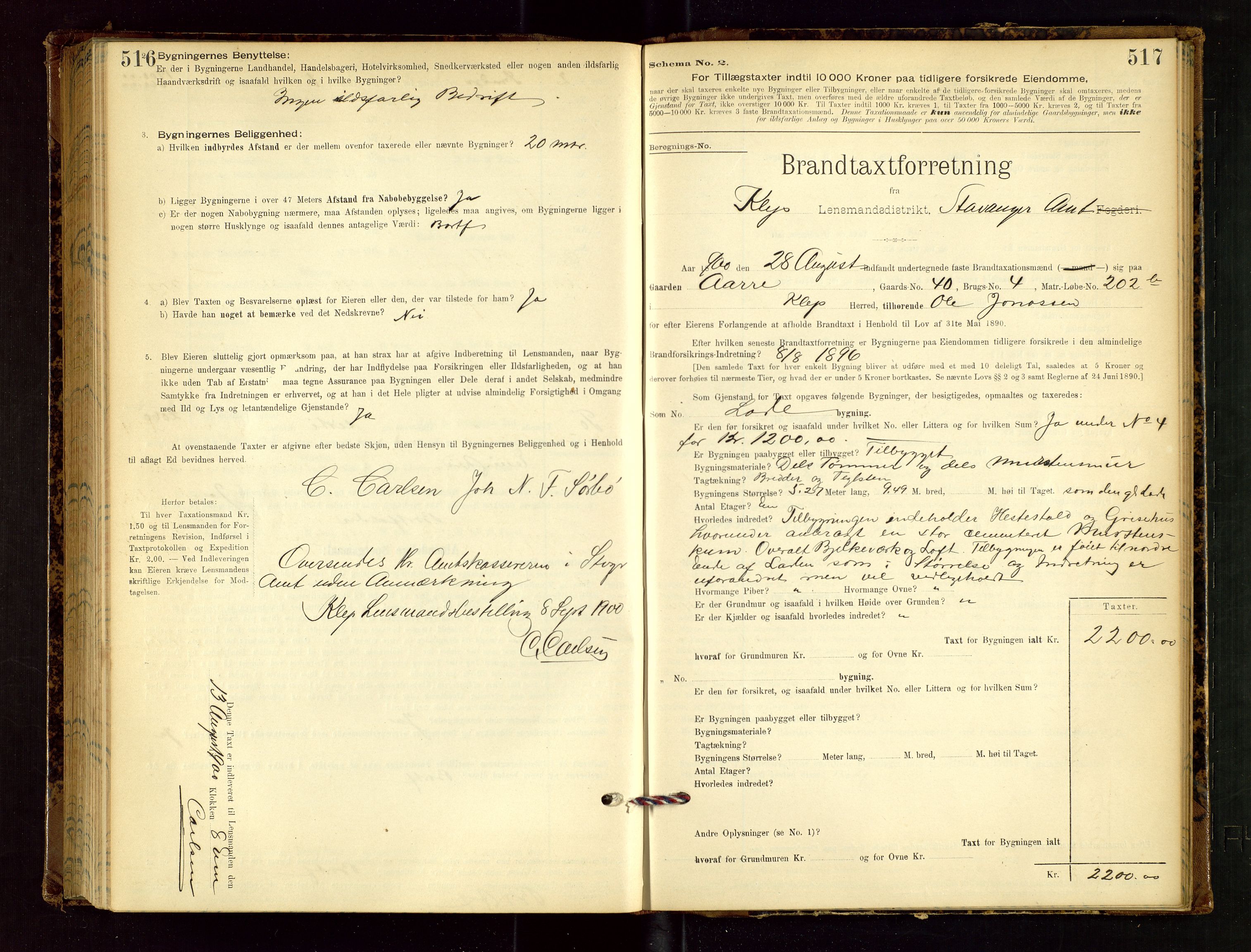 Klepp lensmannskontor, AV/SAST-A-100163/Goc/L0002: "Brandtaxationsprotokol" m/register, 1898-1902, p. 516-517