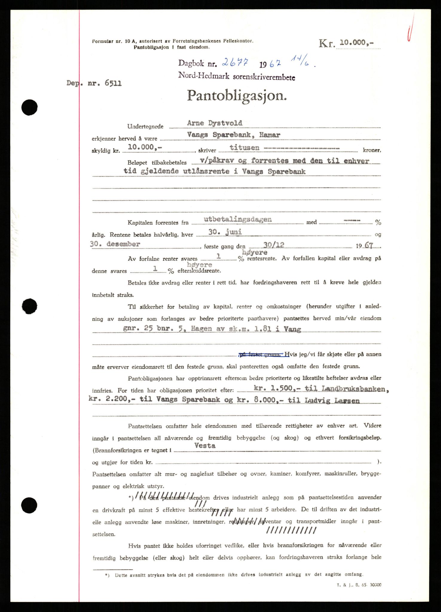 Nord-Hedmark sorenskriveri, SAH/TING-012/H/Hb/Hbf/L0071: Mortgage book no. B71, 1967-1967, Diary no: : 2677/1967