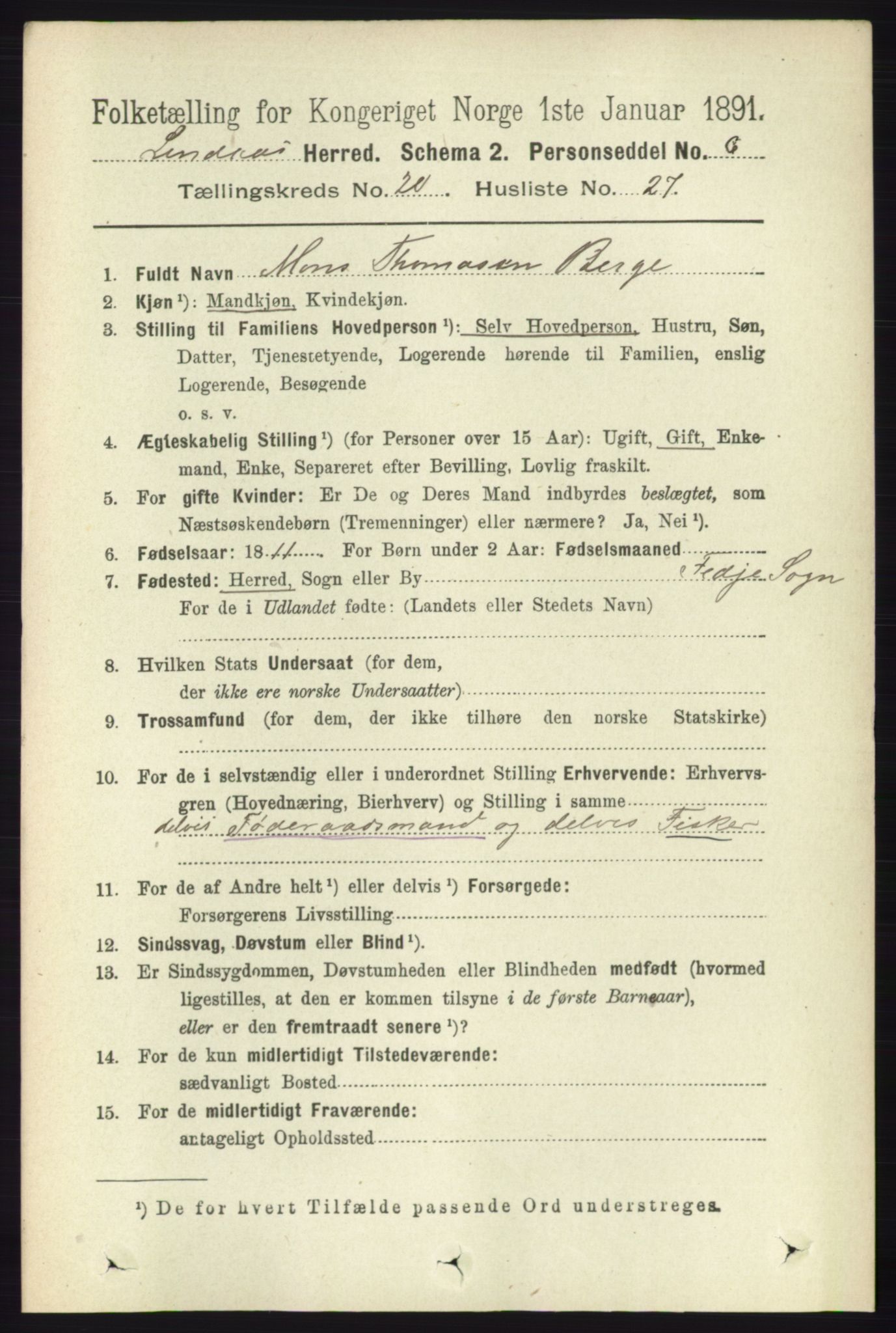 RA, 1891 census for 1263 Lindås, 1891, p. 7521
