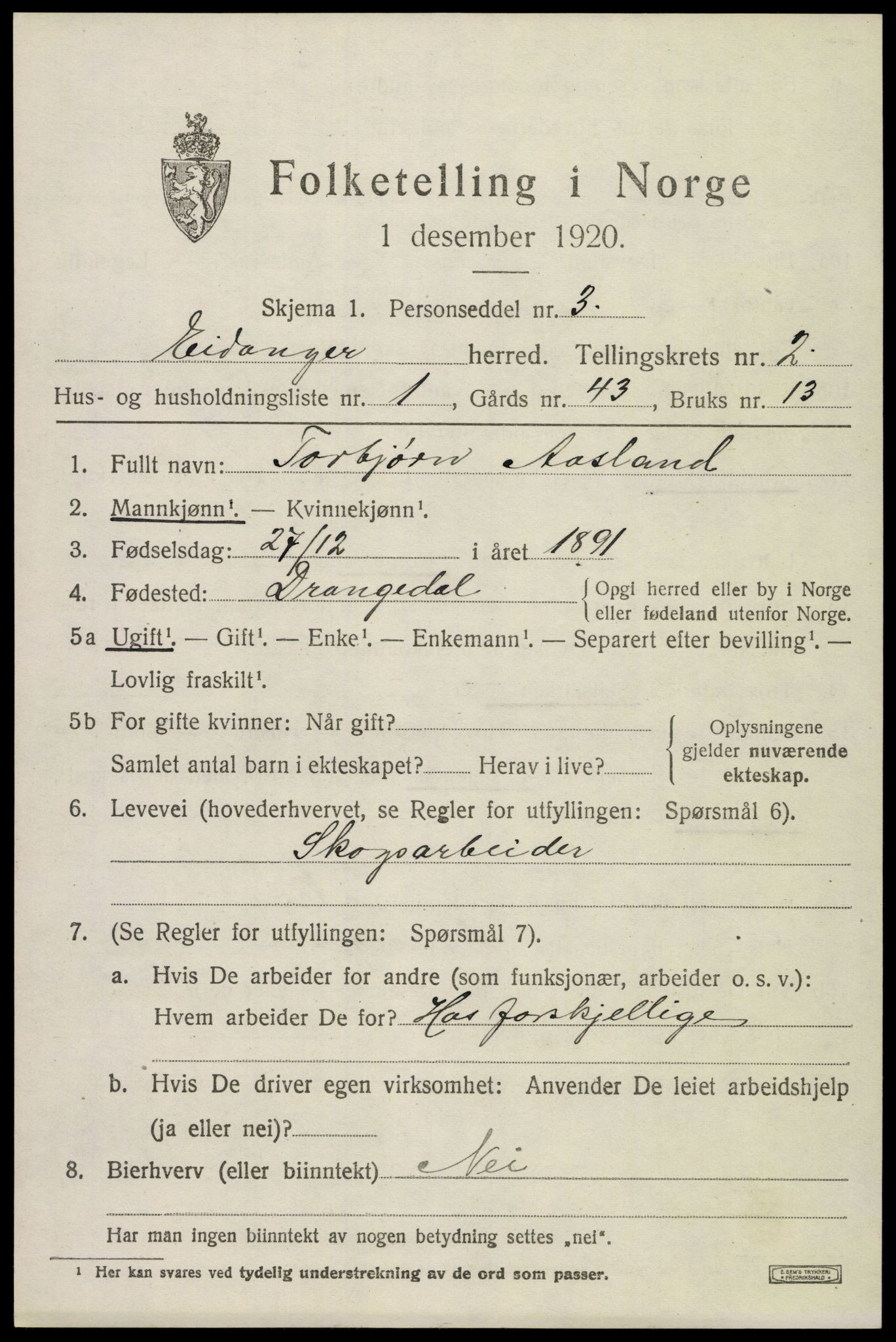 SAKO, 1920 census for Eidanger, 1920, p. 2920