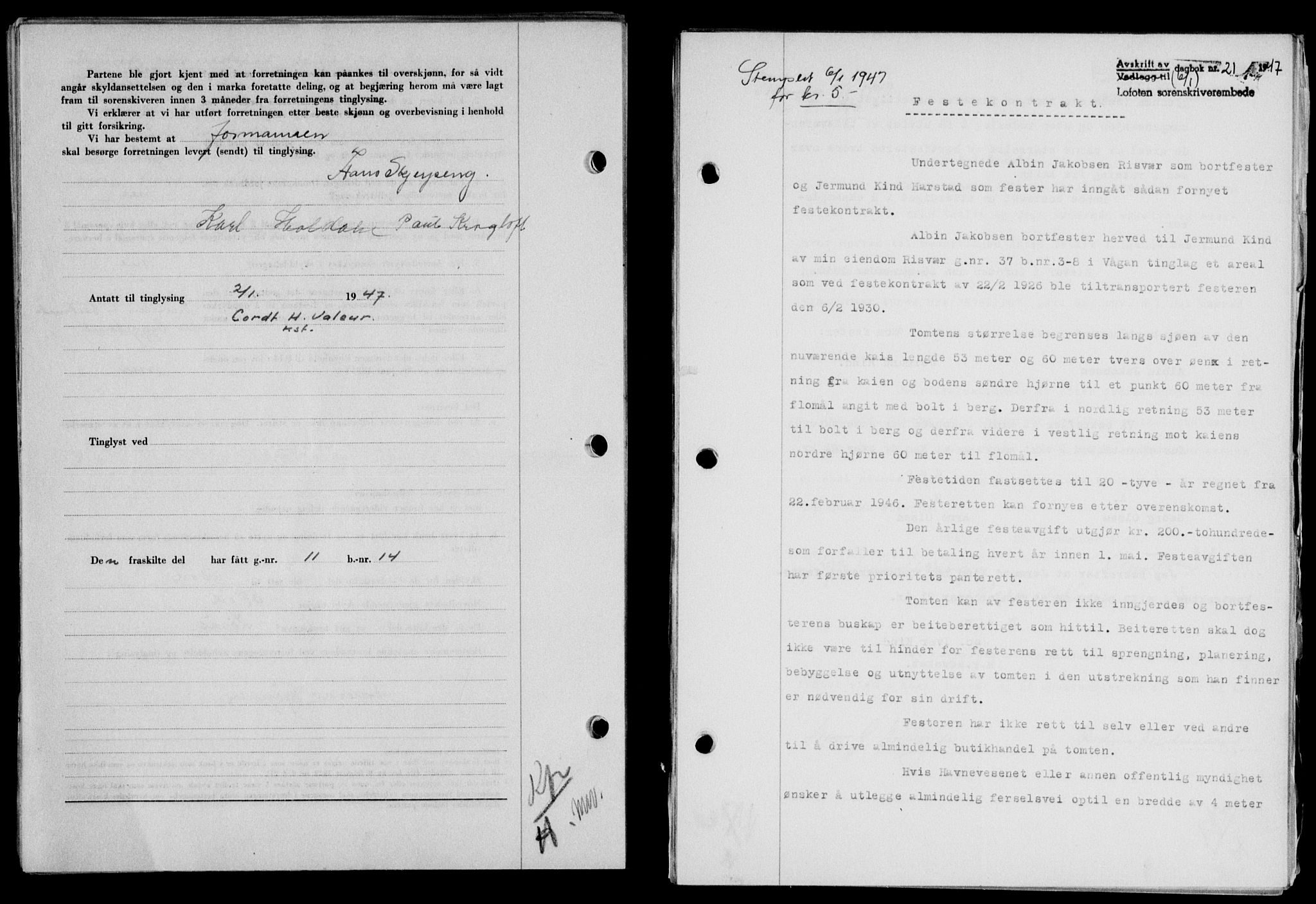 Lofoten sorenskriveri, SAT/A-0017/1/2/2C/L0015a: Mortgage book no. 15a, 1946-1947, Diary no: : 21/1947