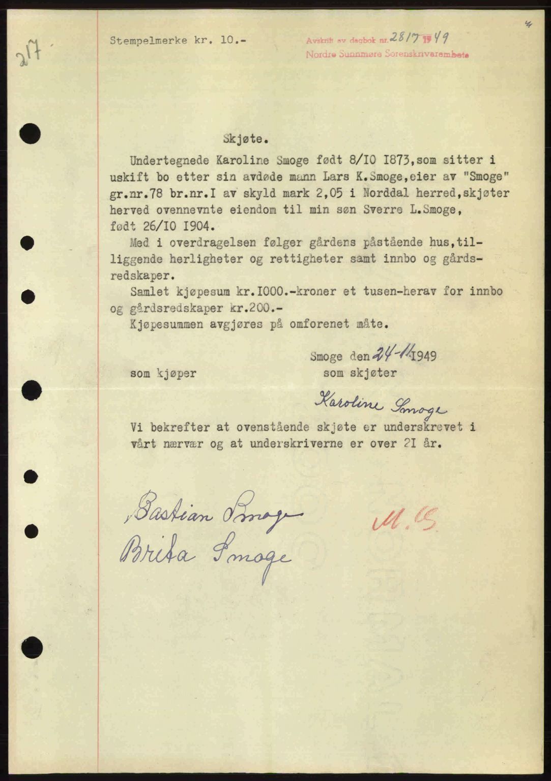 Nordre Sunnmøre sorenskriveri, AV/SAT-A-0006/1/2/2C/2Ca: Mortgage book no. A33, 1949-1950, Diary no: : 2817/1949